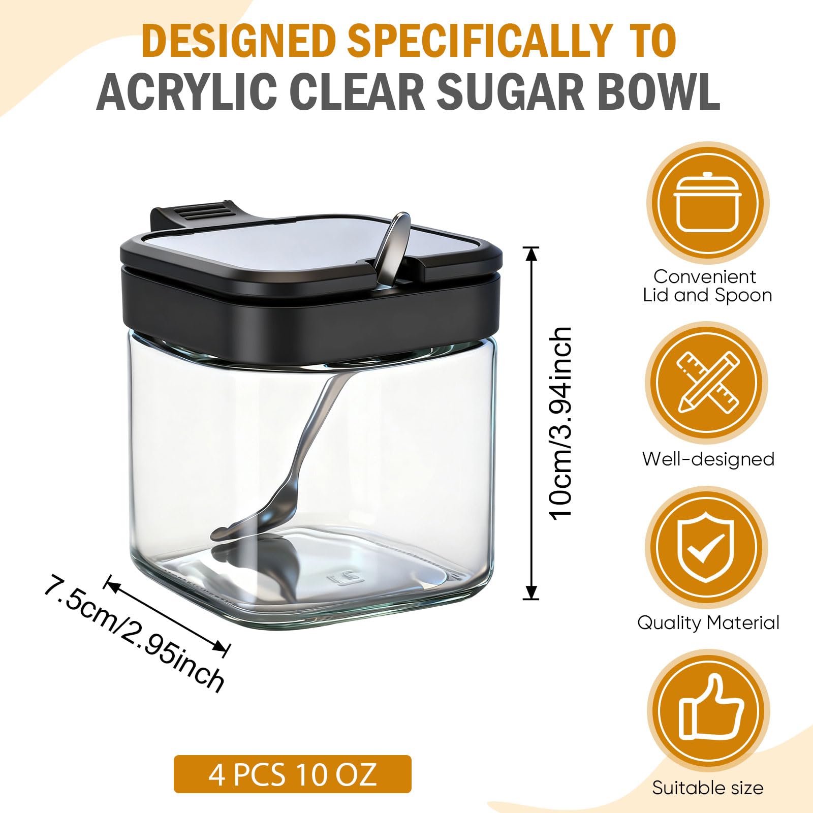 Glass sugar bowl with flip lid and spoon by Acellegic in black finish