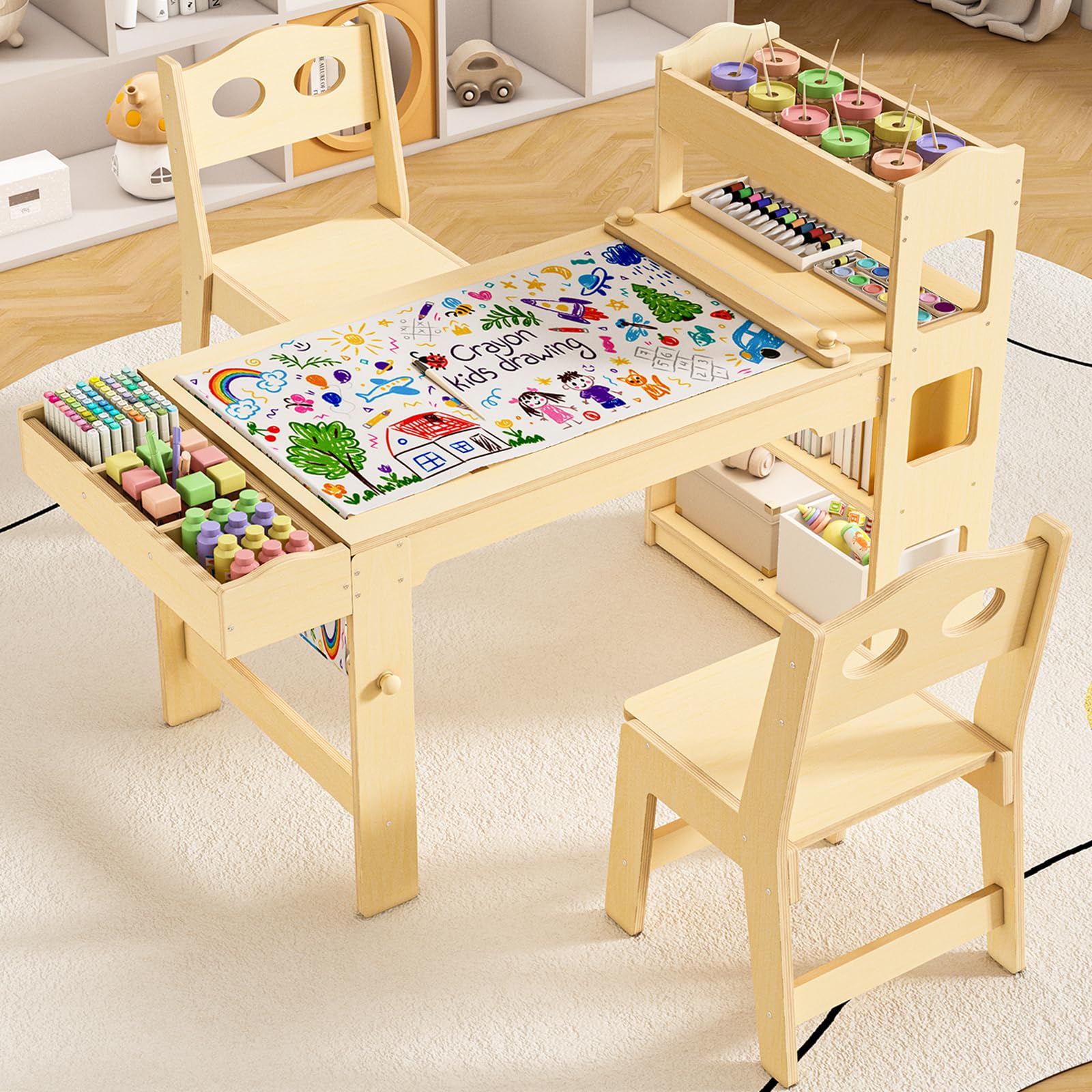 Acenova Kids Art Table and Chairs Set with Paper Roll and Storage wooden craft table