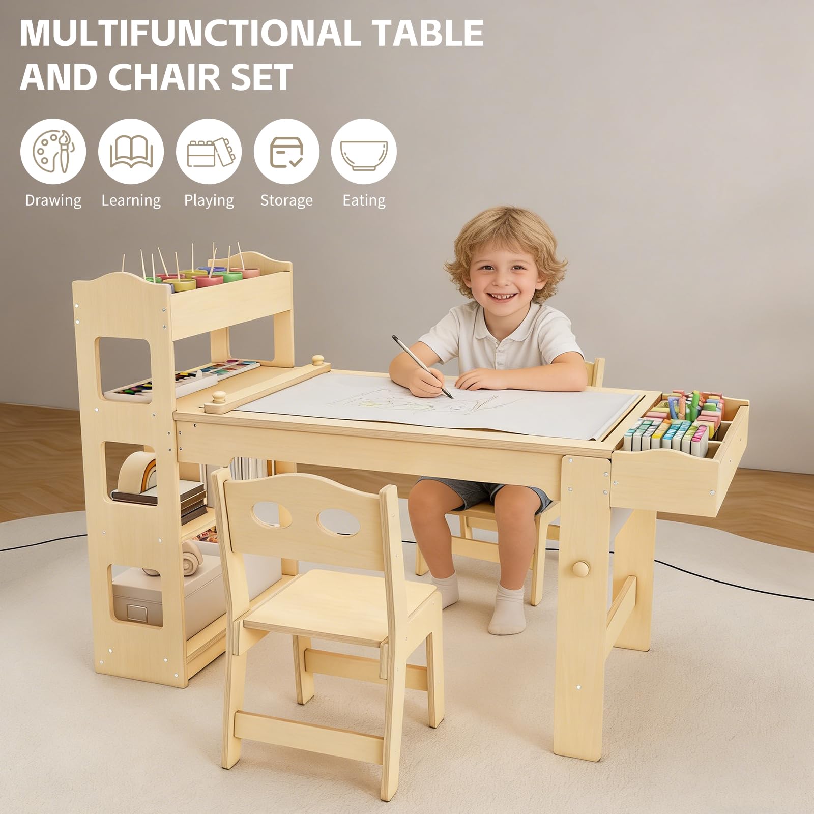 Acenova wooden kids table and chairs with open storage shelves