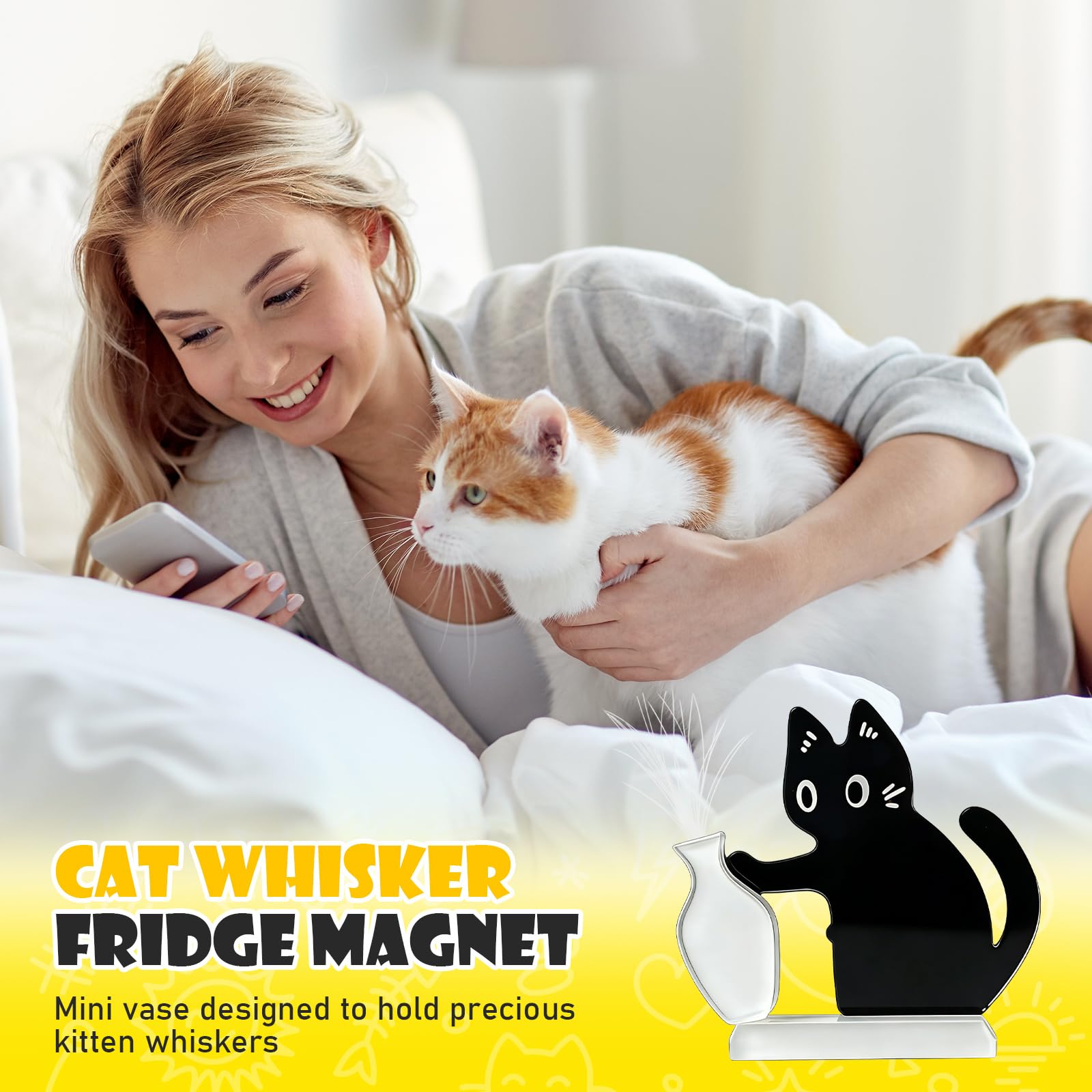Acrylic cat whisker keepsake vase displayed on a fridge
