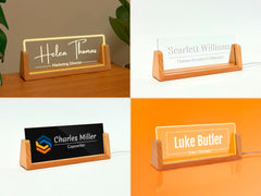 Acrylic name plate 8x5 inch frosted background with wooden base