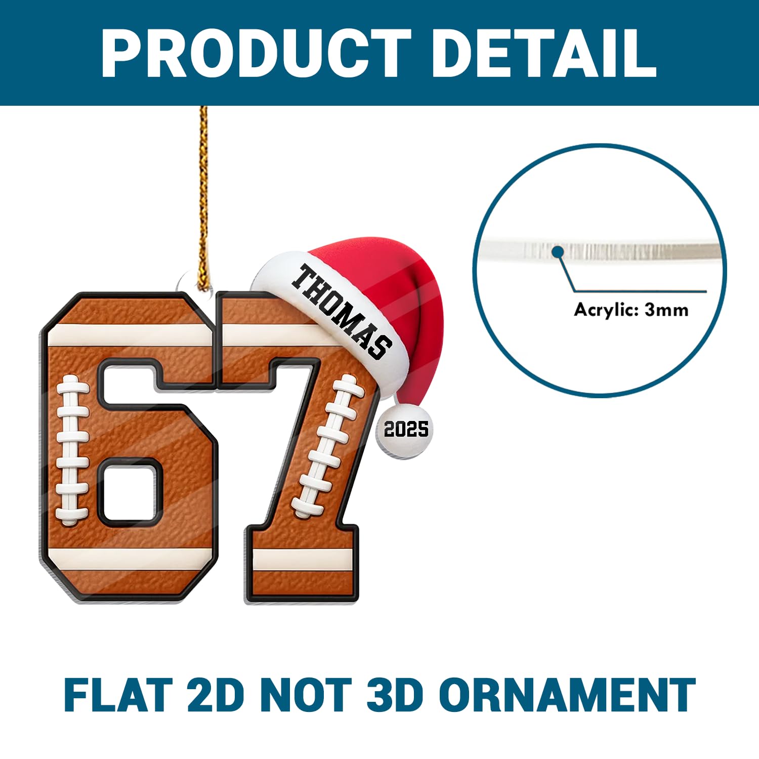 Acrylic ornament 67 sports with gold hanging cord display