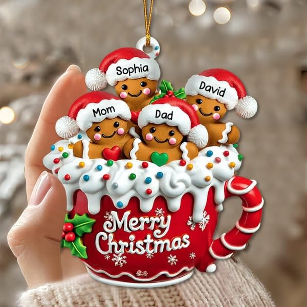 Double-sided gingerbread family ornament showing same artwork