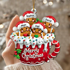 Double-sided gingerbread family ornament showing same artwork