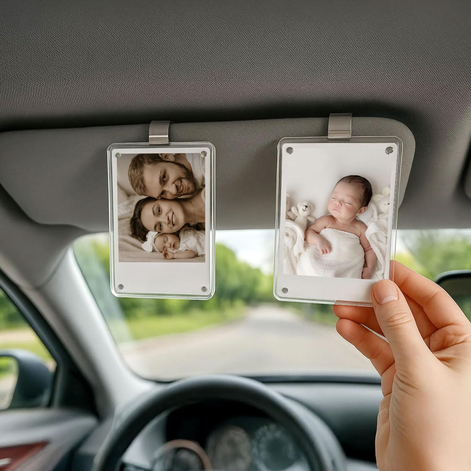 Wallet-sized 2x3 inch photos fit in car visor frame