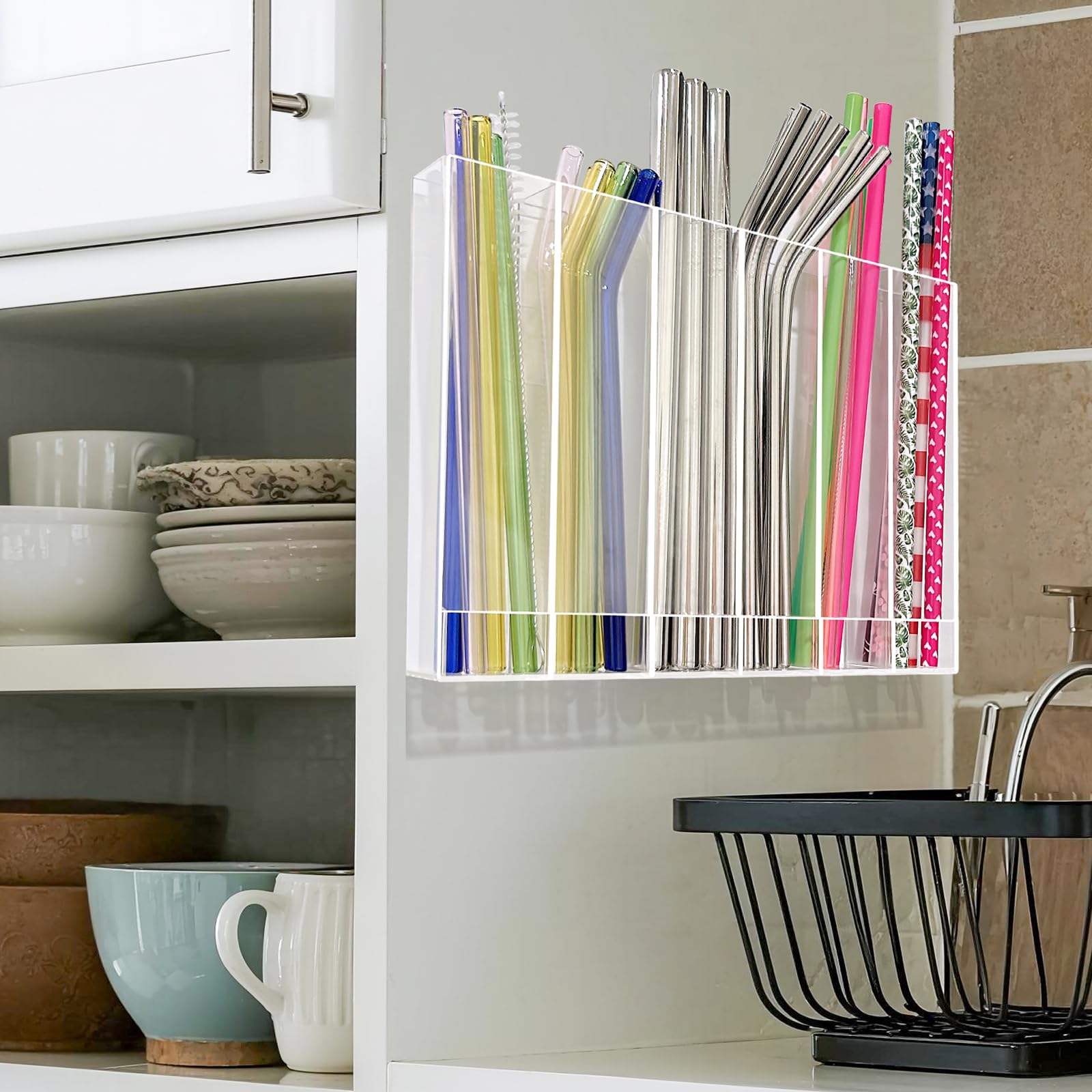 Double sided adhesive tape securing straw holder