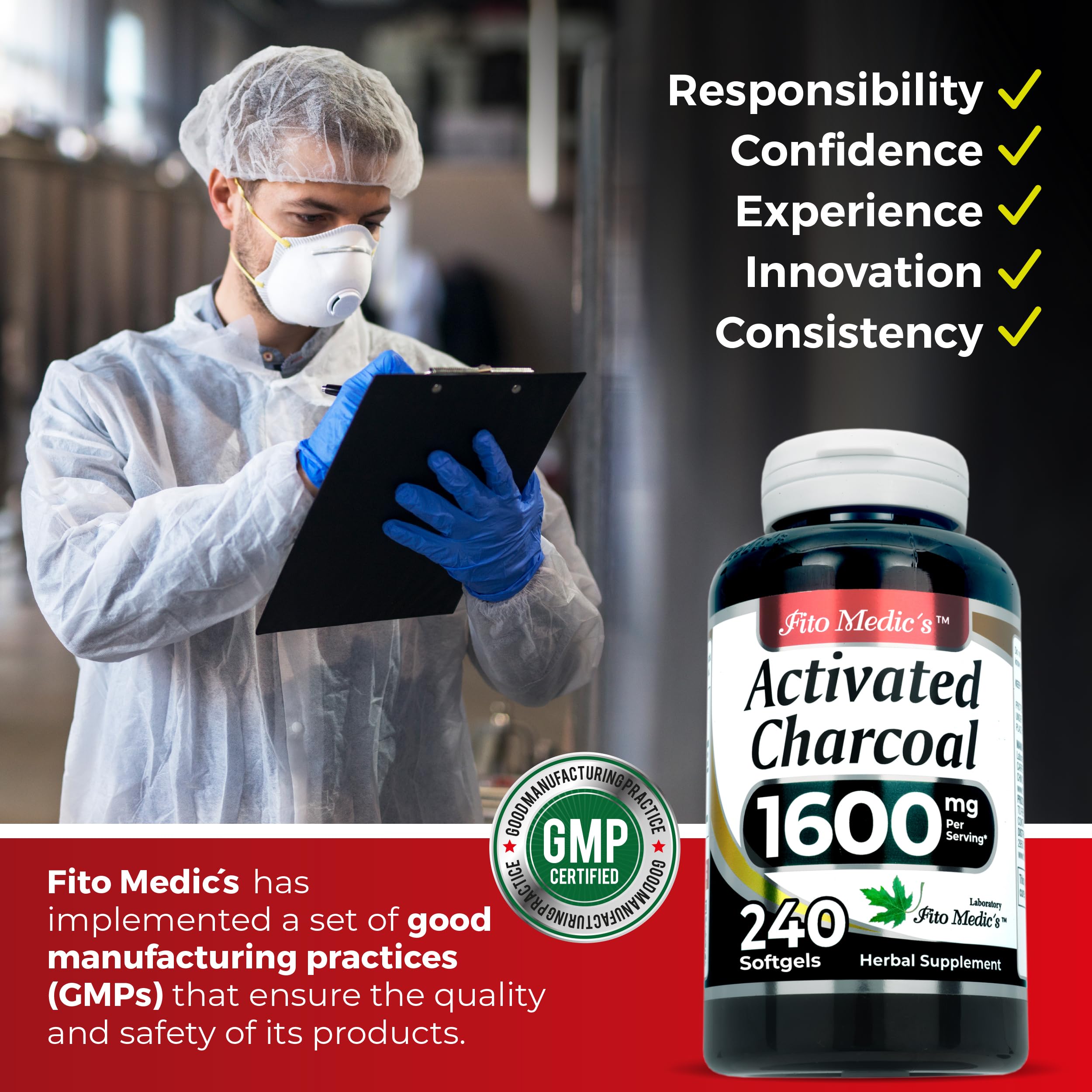 FITO MEDIC'S Lab charcoal softgels bottle showing 240 cap