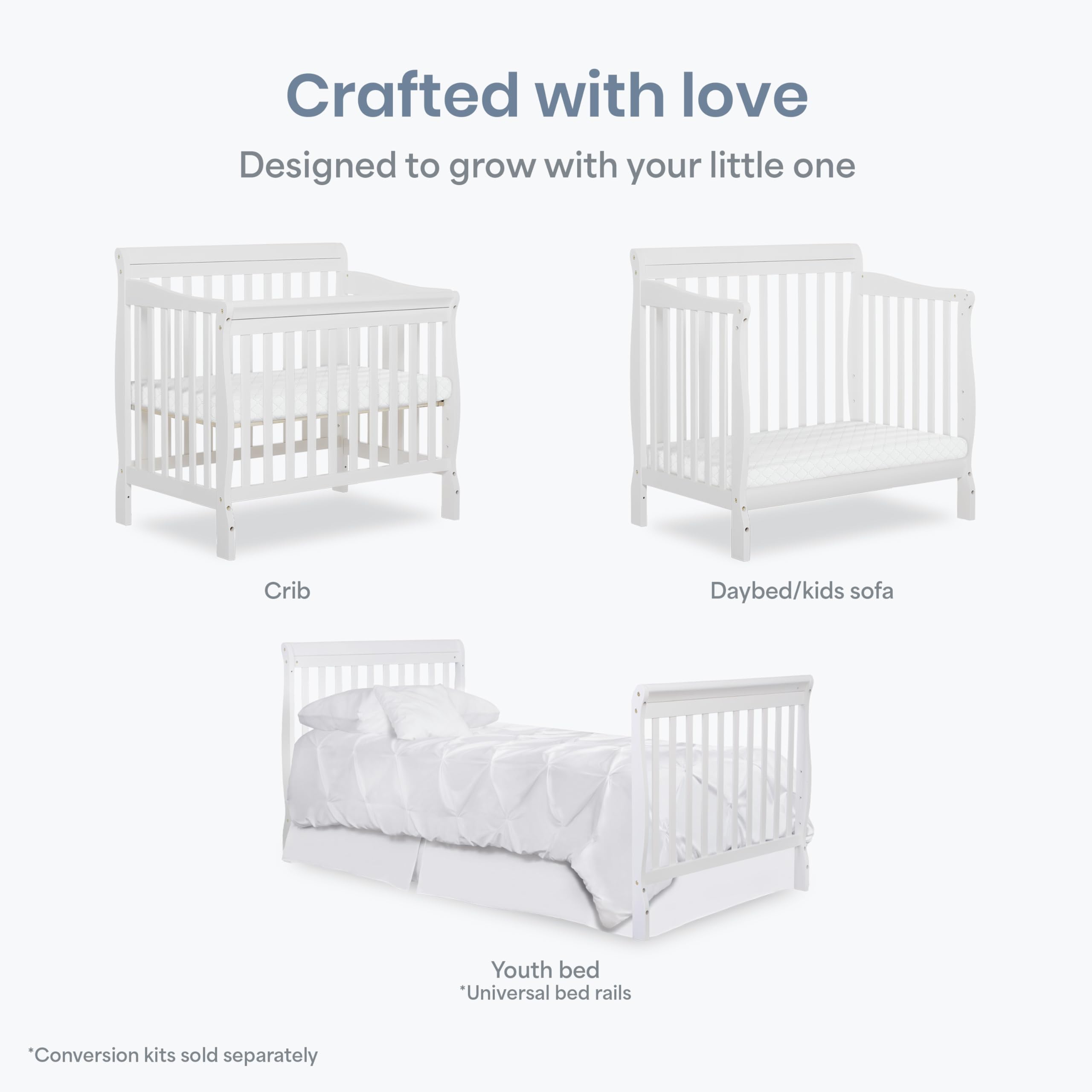Aden crib mattress height shown at 18 inches top height