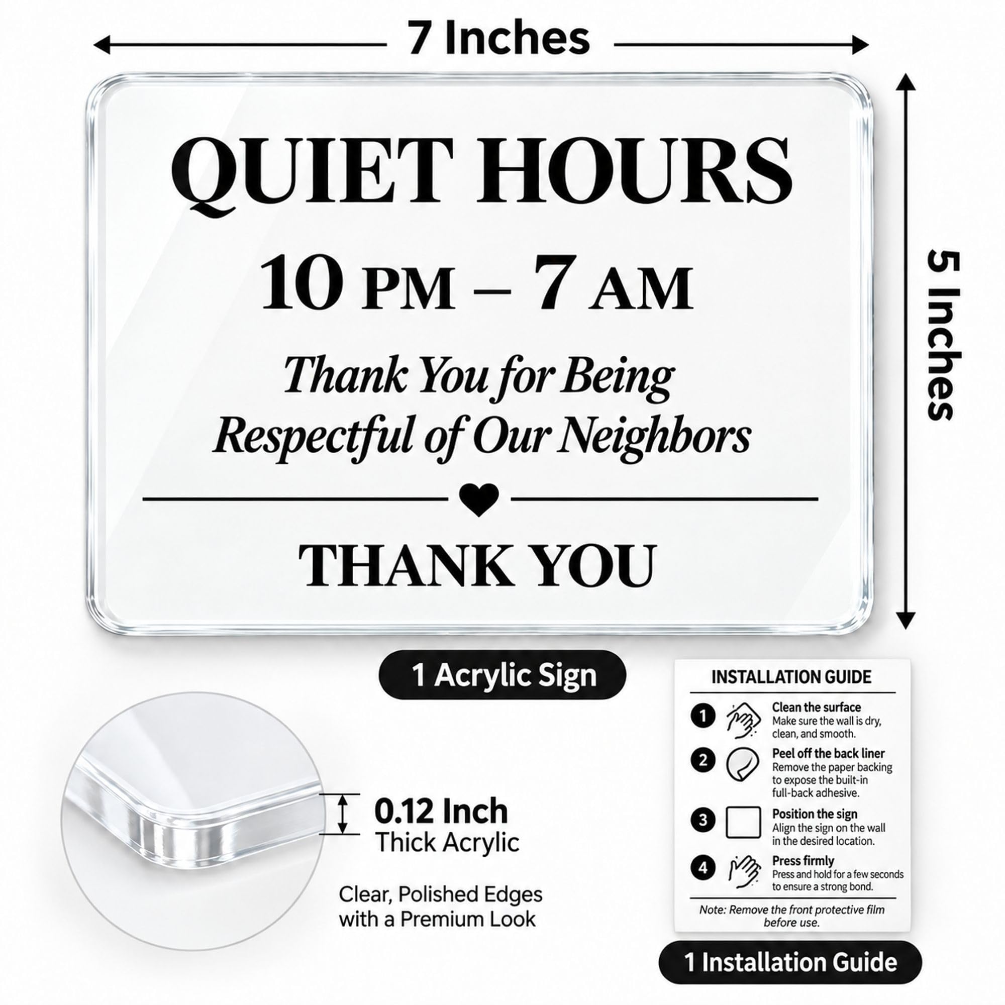 Adhesive back quiet hours sign ready to mount