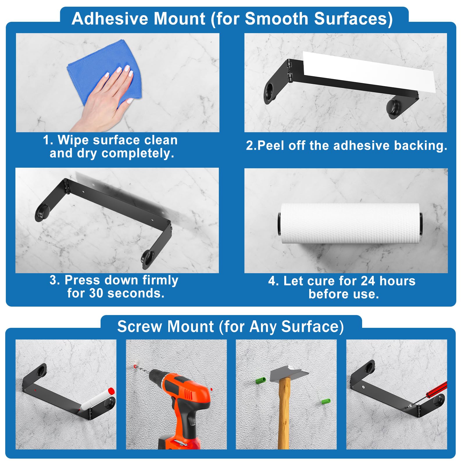 Adhesive strip mounting on smooth surface for paper towel holder