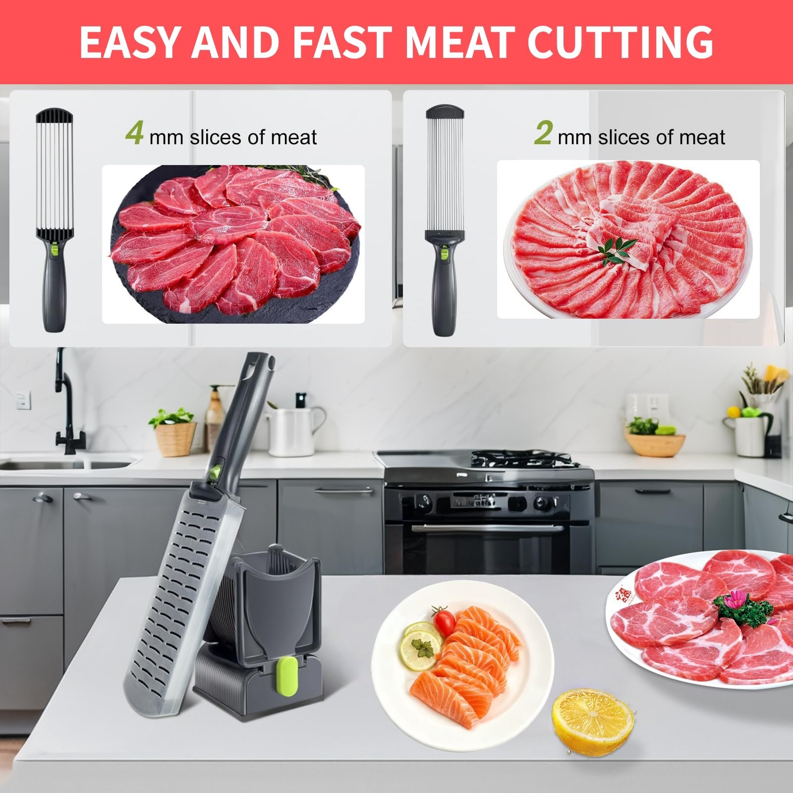 Adjustable dual-thickness 2mm 4mm blades for fresh boneless meats