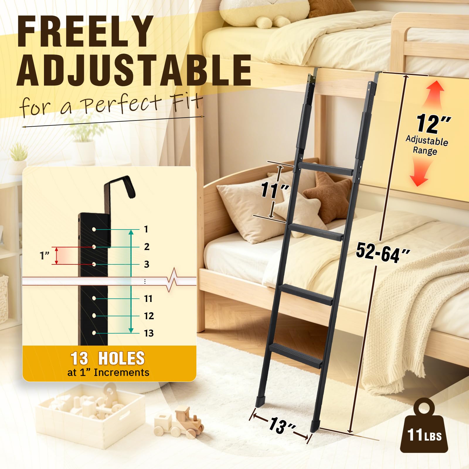 adjustable 52-64 inch rv bunk ladder with 13 height adjustment holes