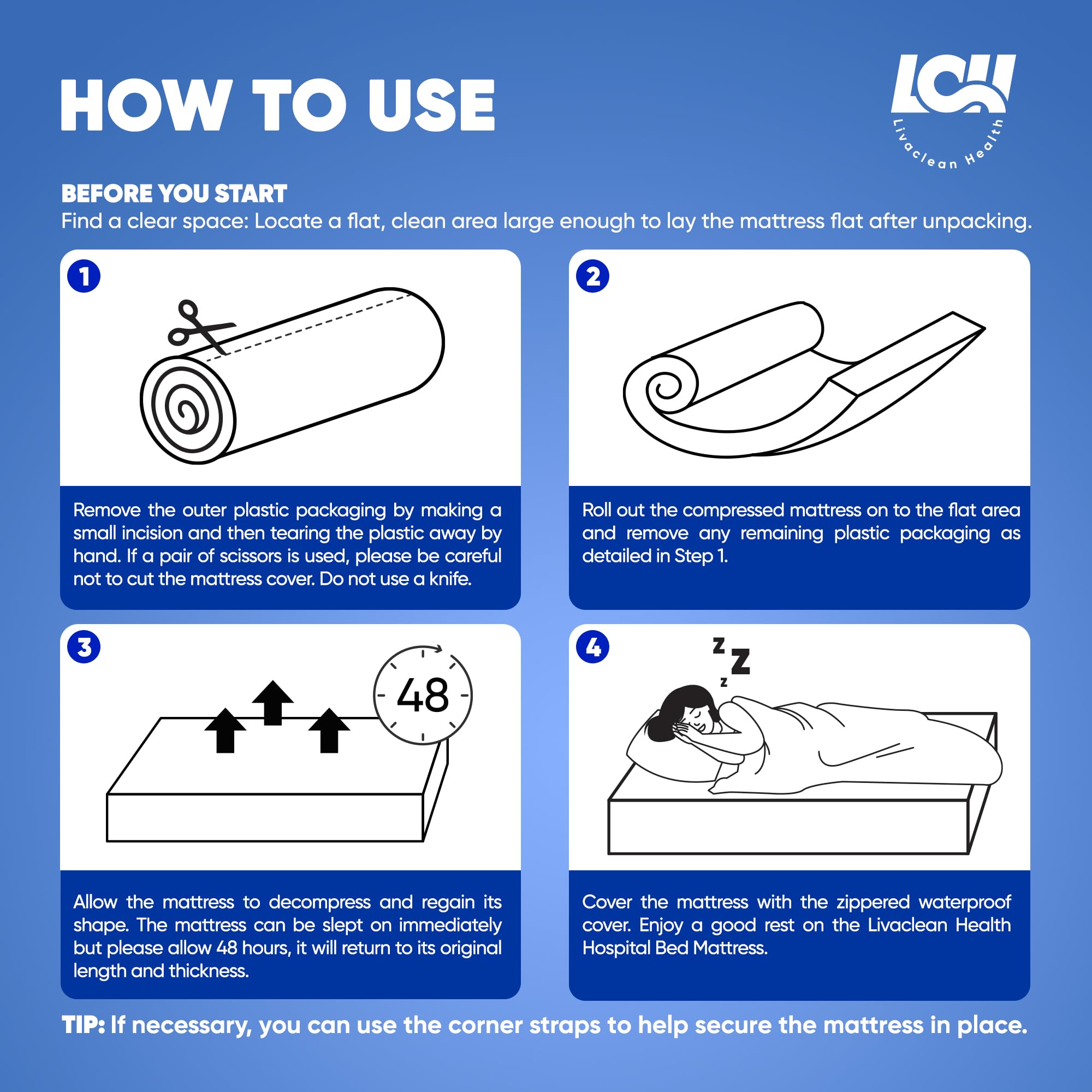 Adjustable bed compatible Livaclean mattress with corner straps