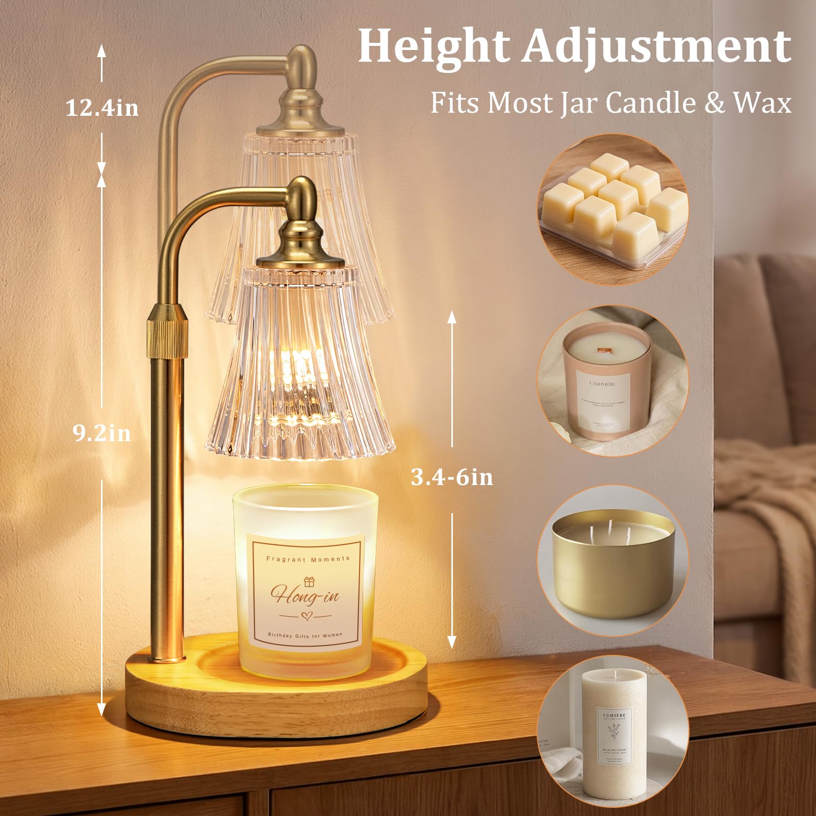 Wooden base with non-slip pads and glass shade