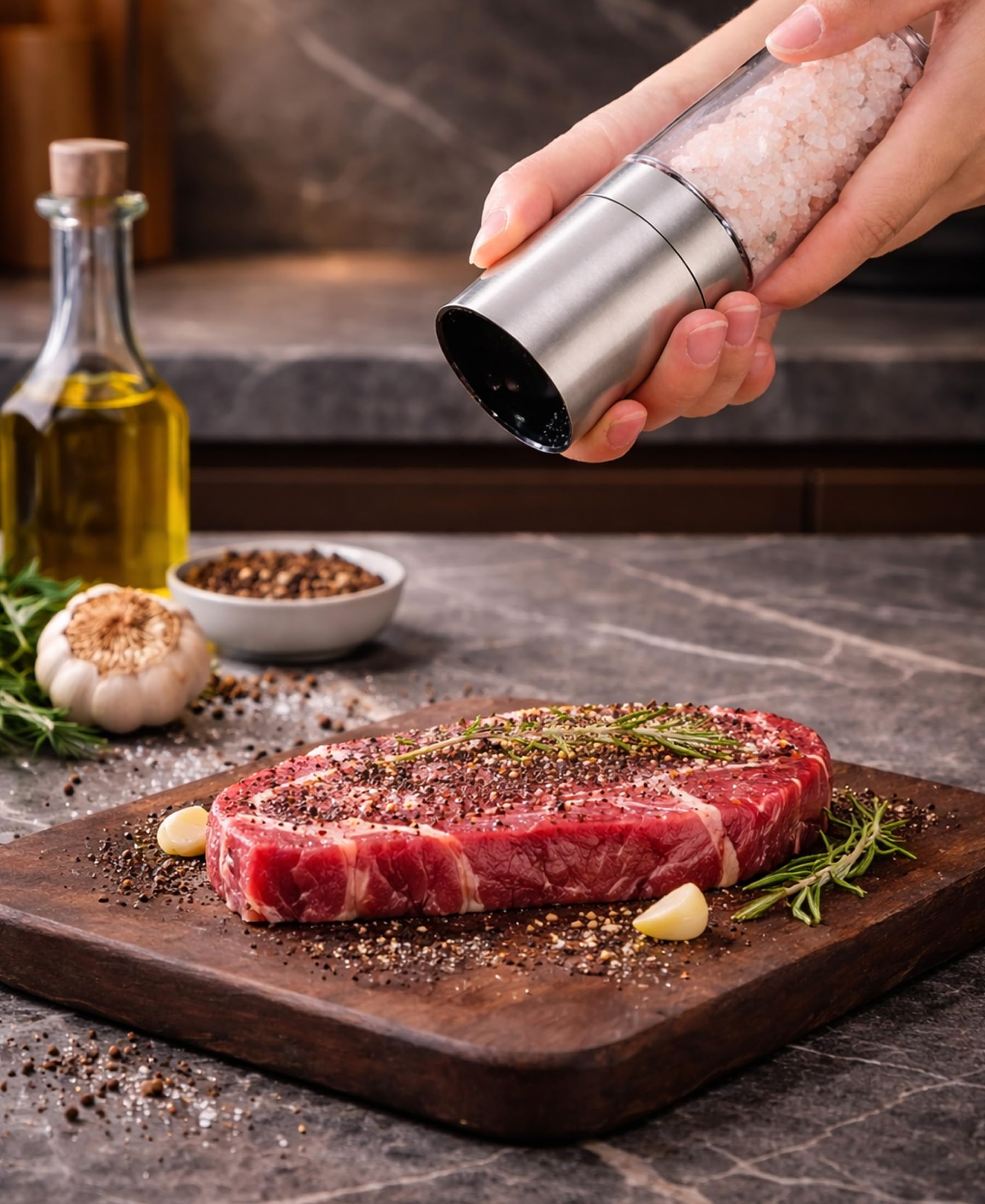 Adjustable grind size control on top of pepper mill