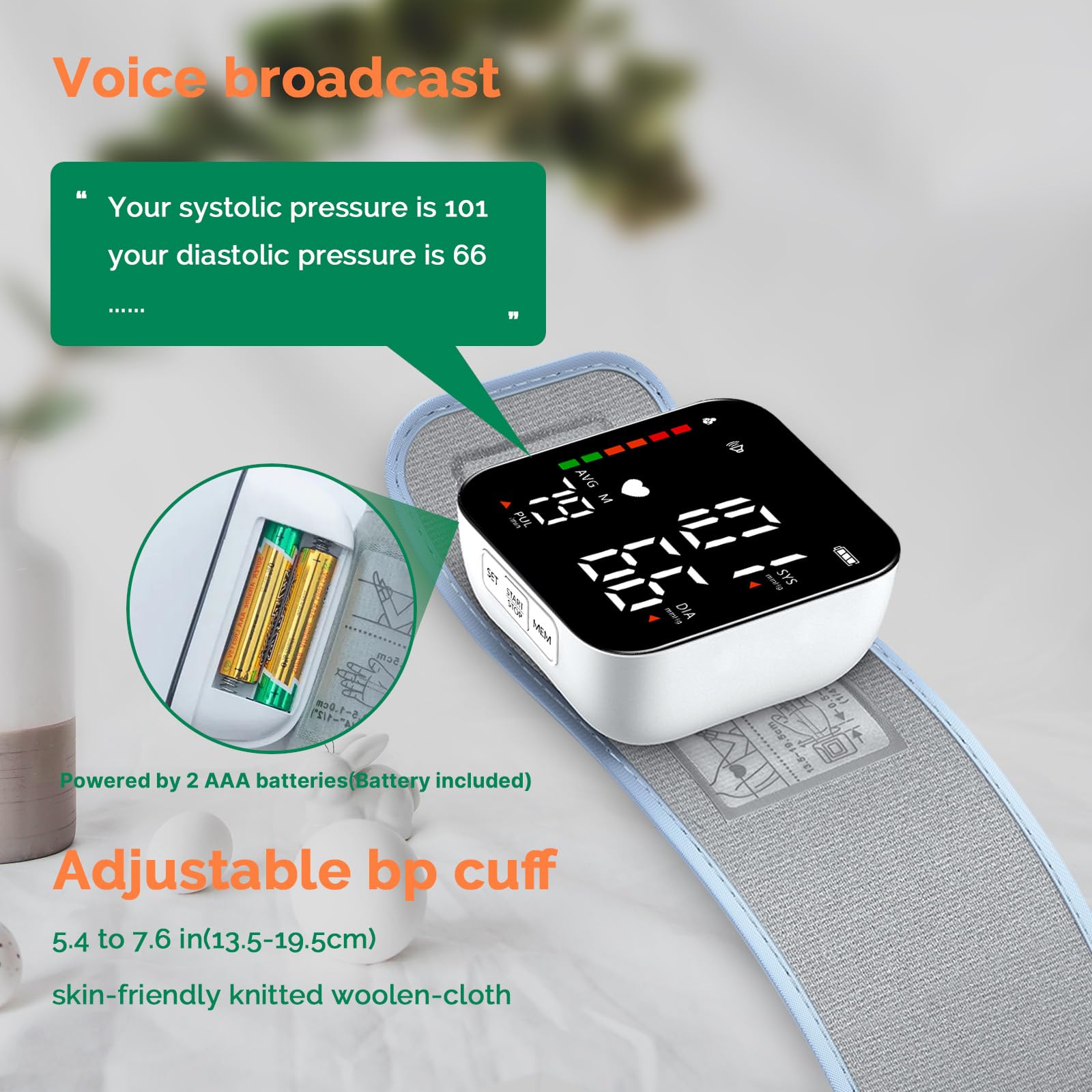 Adjustable cuff fits wrist 5.3 to 7.7 inches