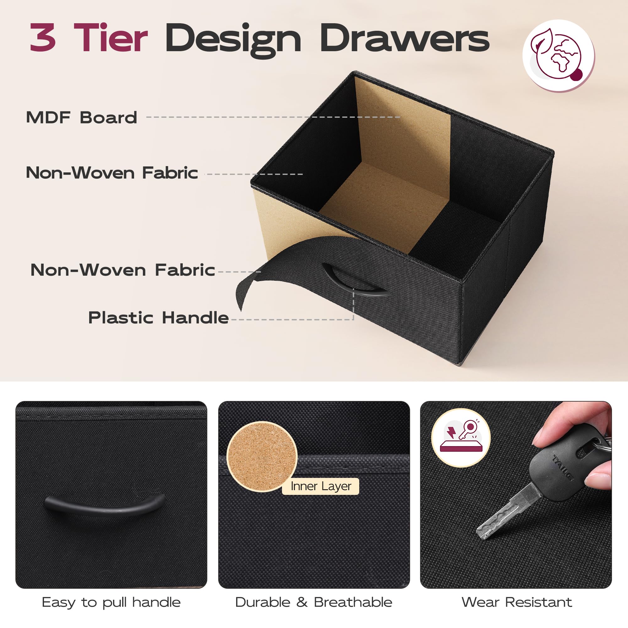Adjustable feet protect floors on WLIVE tall dresser for stable placement