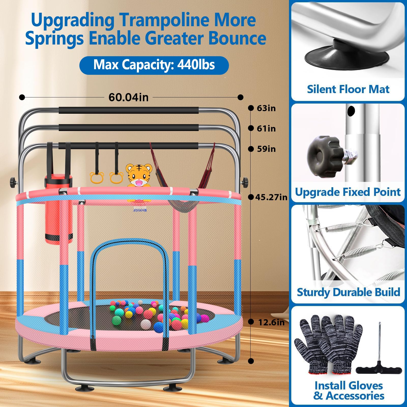 adjustable gymnastics bar on trampoline 59-63 inches
