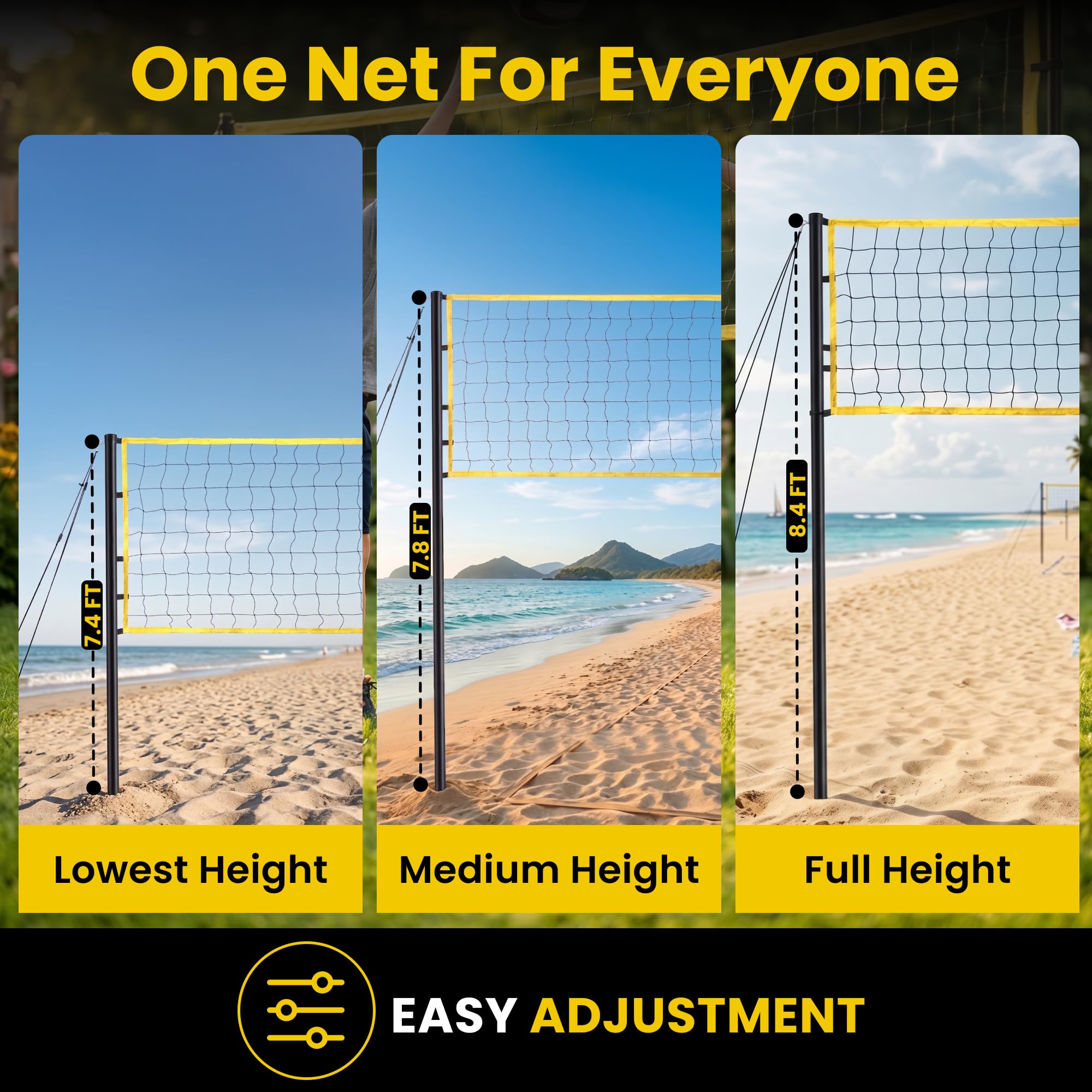 Adjustable height net with push-button locking system