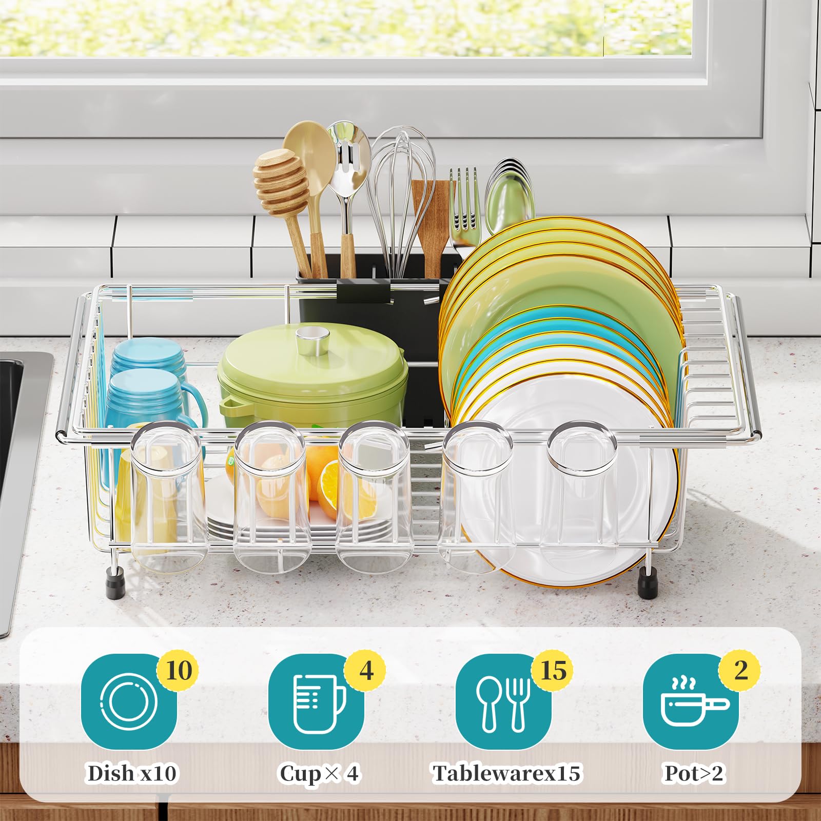 Utensil caddy with drainage holes and five cup holder positions