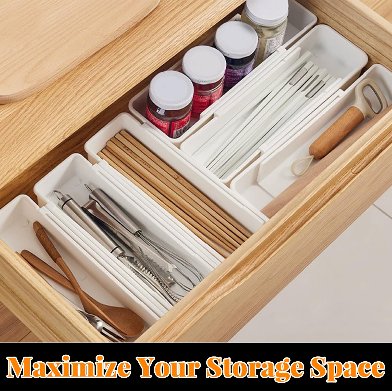 Adjustable sliding drawer organizer extended to 16.33 inches
