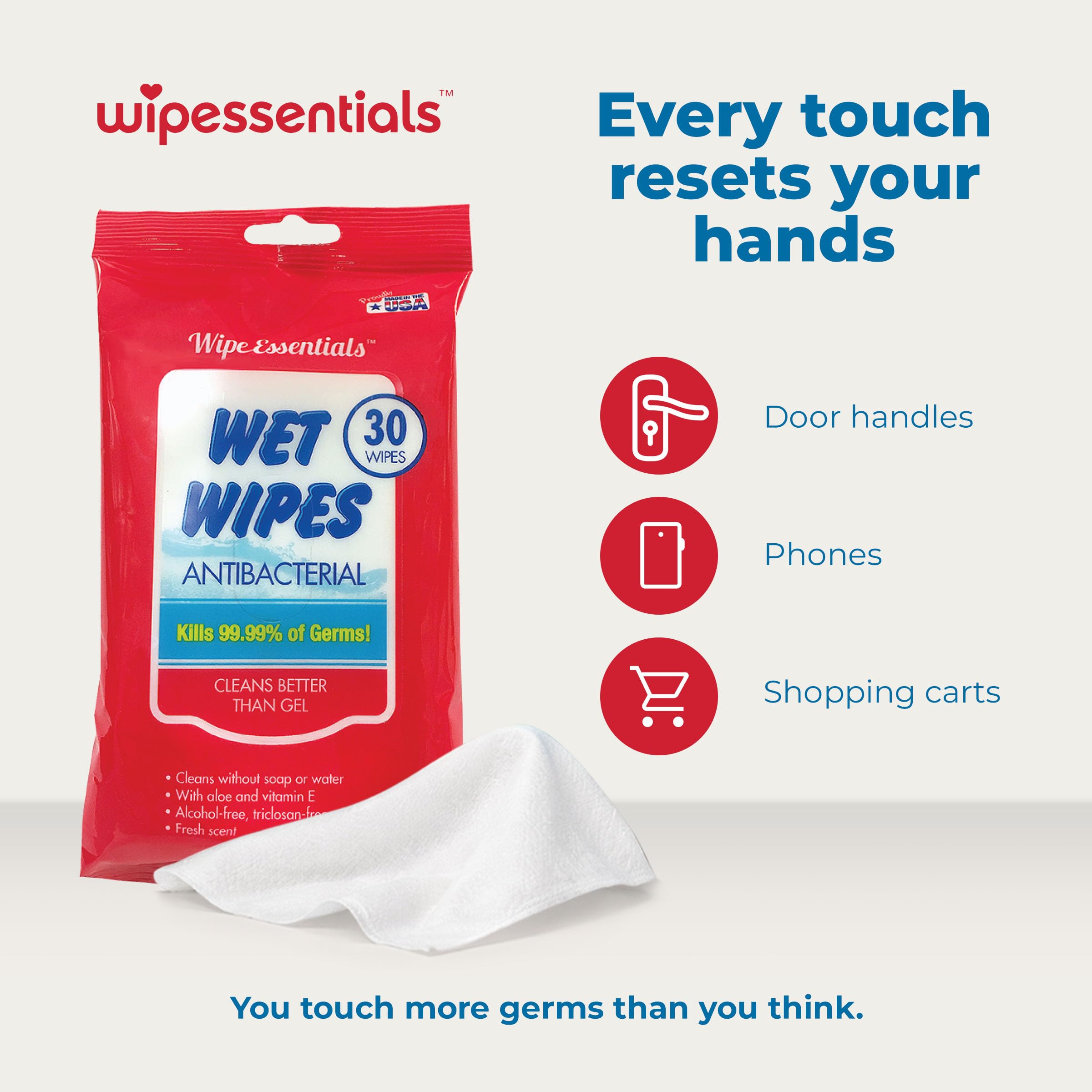 WipeEssentials three-pack hand sanitizer wipes packaging
