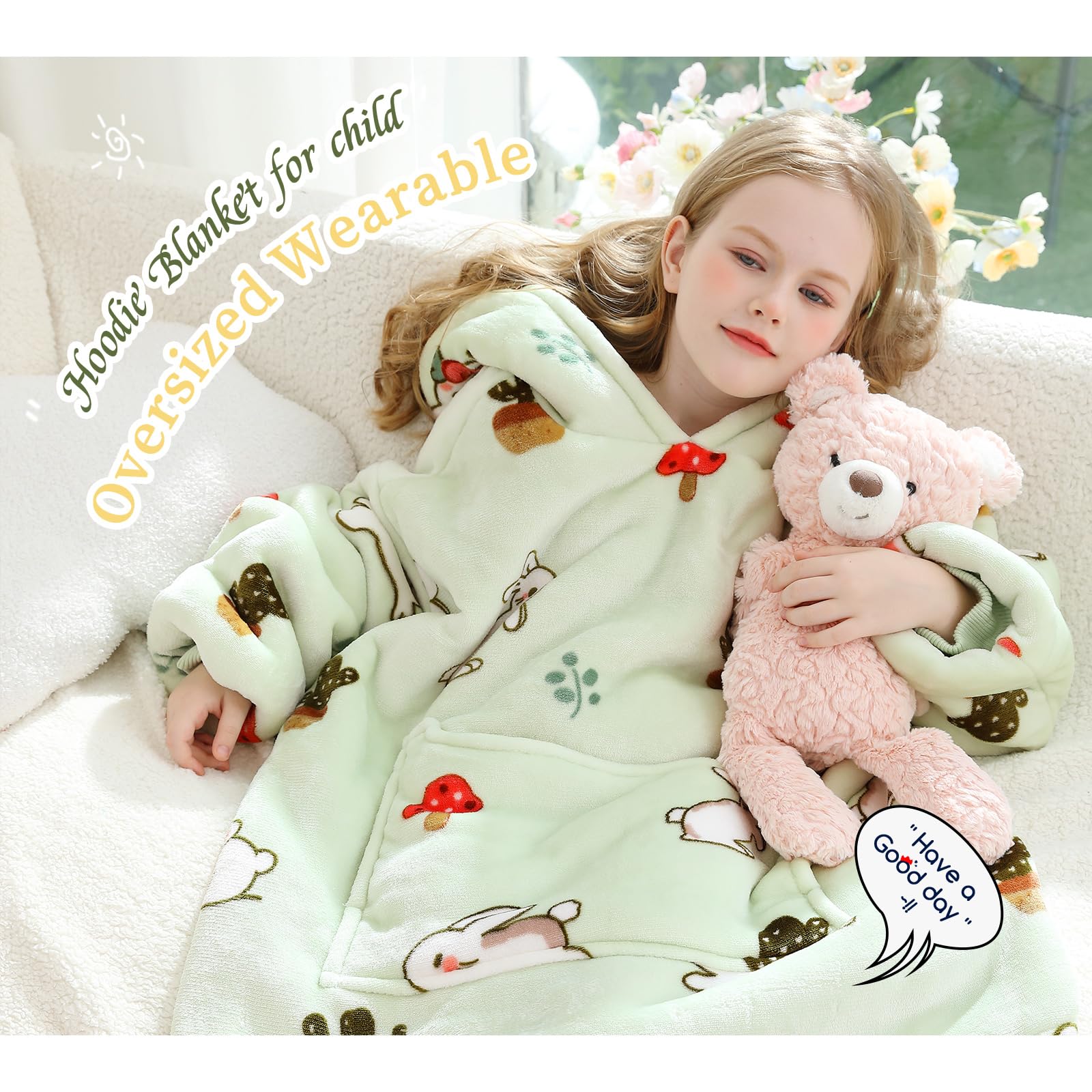 Bunny and mushroom print hoodie blanket for kids
