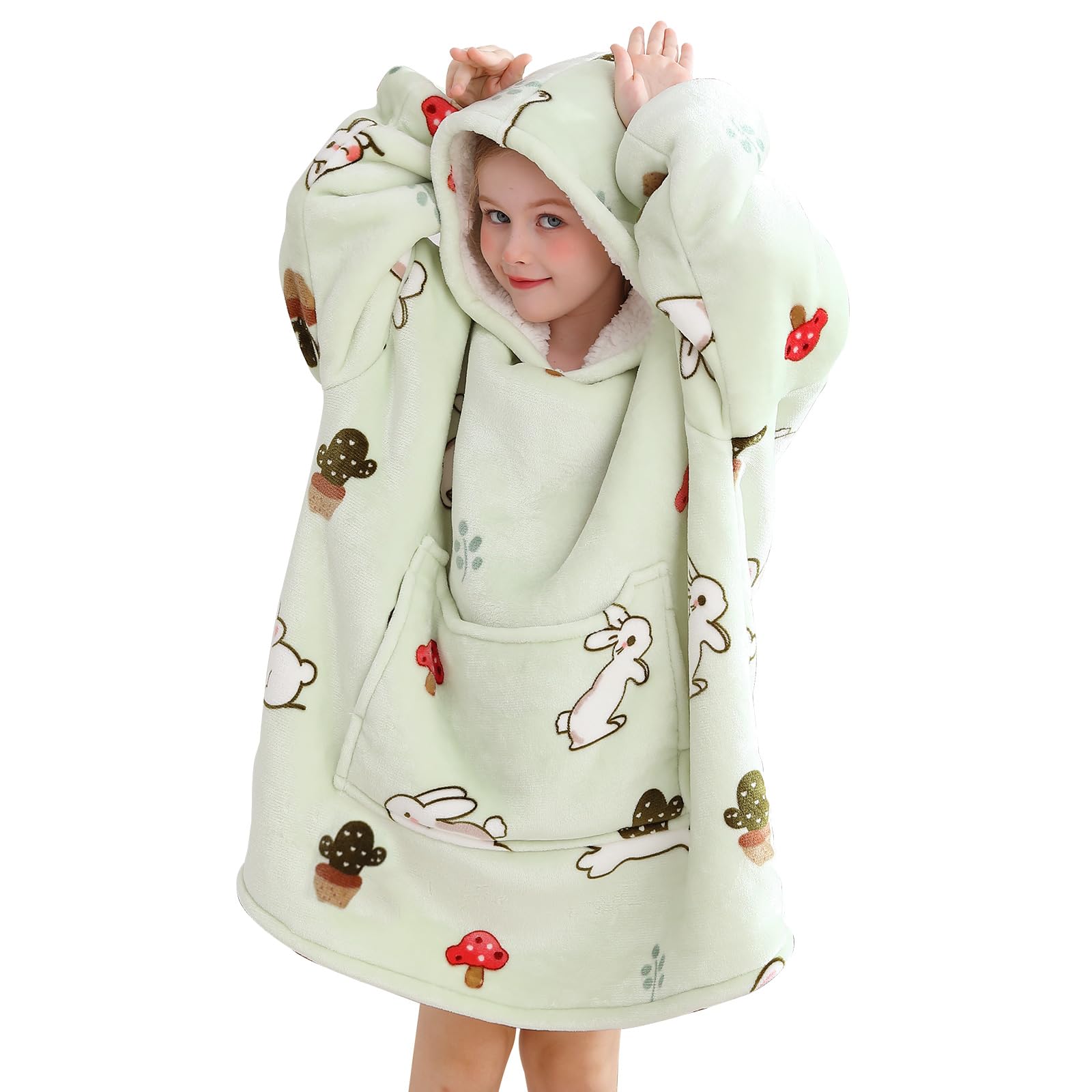 Aemilas wearable blanket hoodie kids light green print