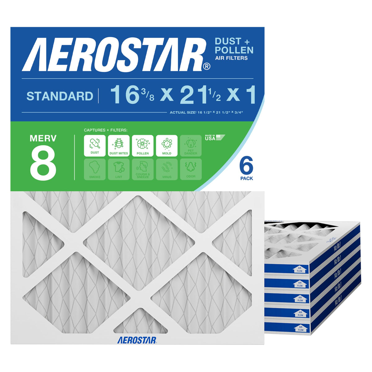Aerostar MERV 8 air filter 16.50 x 21.50 x 0.75 6-pack