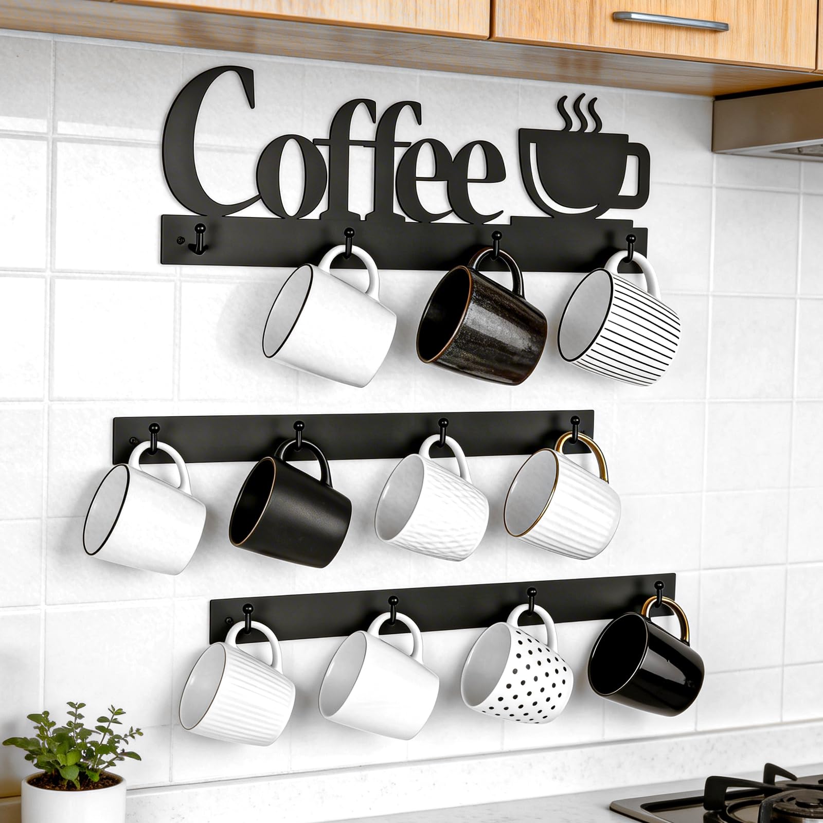 Decorative metal coffee sign on mug rack