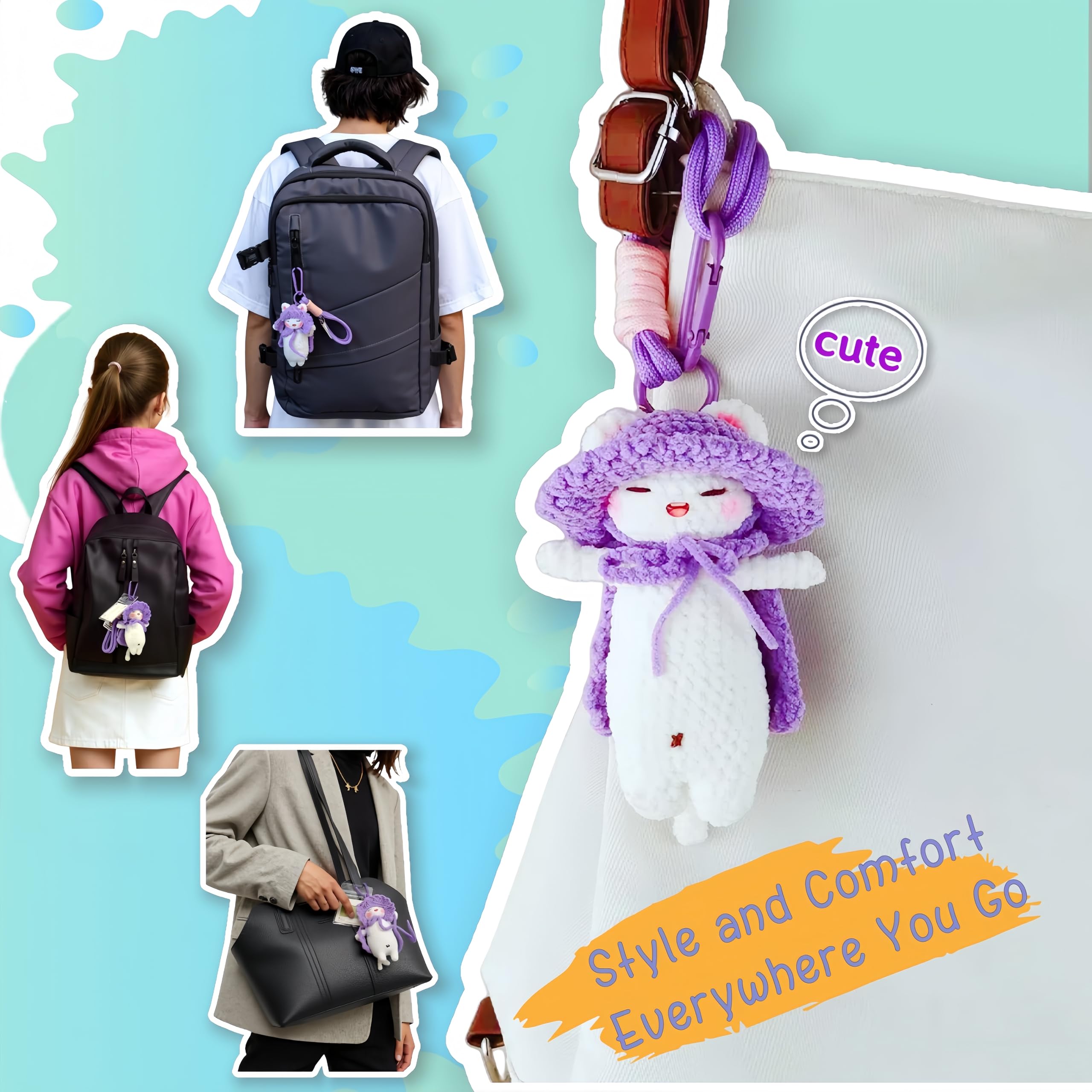 Backpack clip charm on a crochet cat keychain