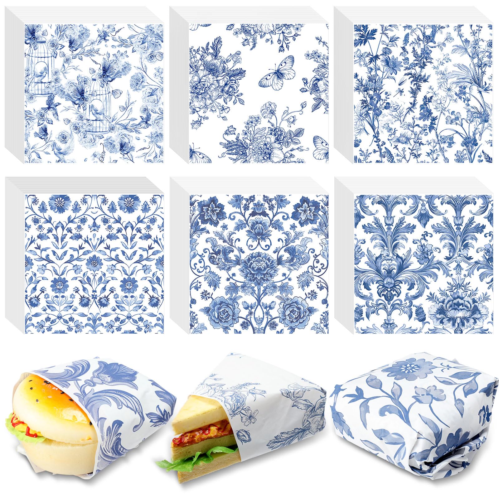 Affrolling blue floral chinoiserie wax paper sheet 12x12 inches