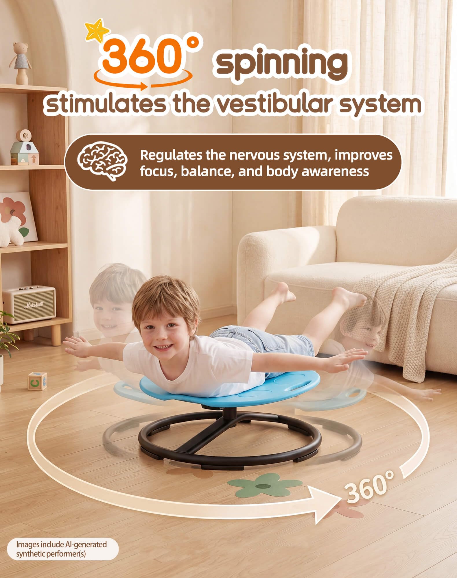 360 degree spinning motion for active play chair