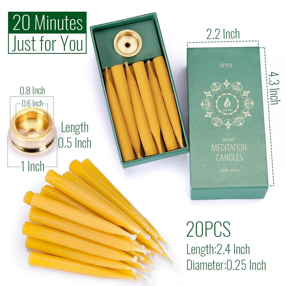 AGLARY 20-minute beeswax candles with brass holder close up