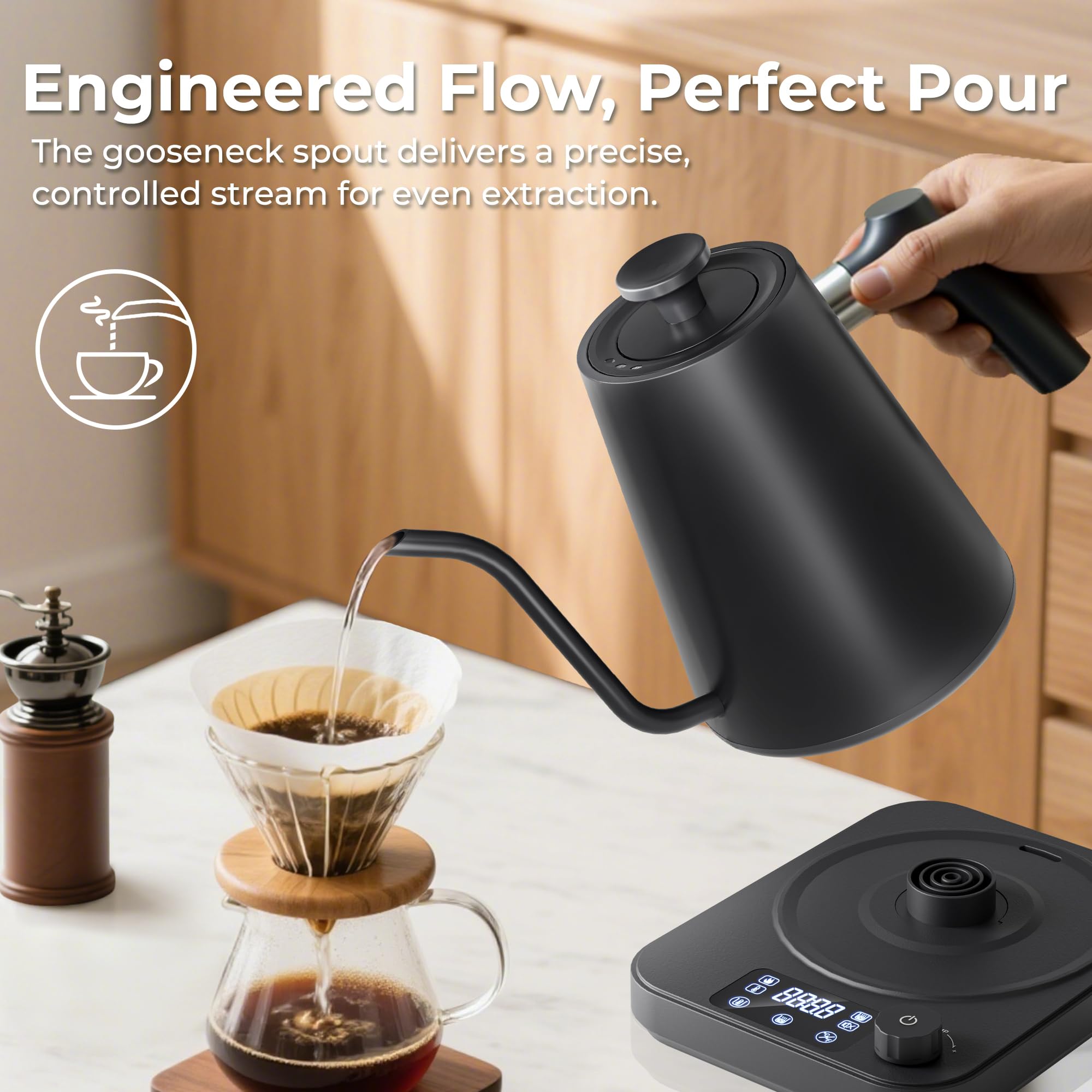Narrow gooseneck spout for pour-over coffee and tea AGORVIO