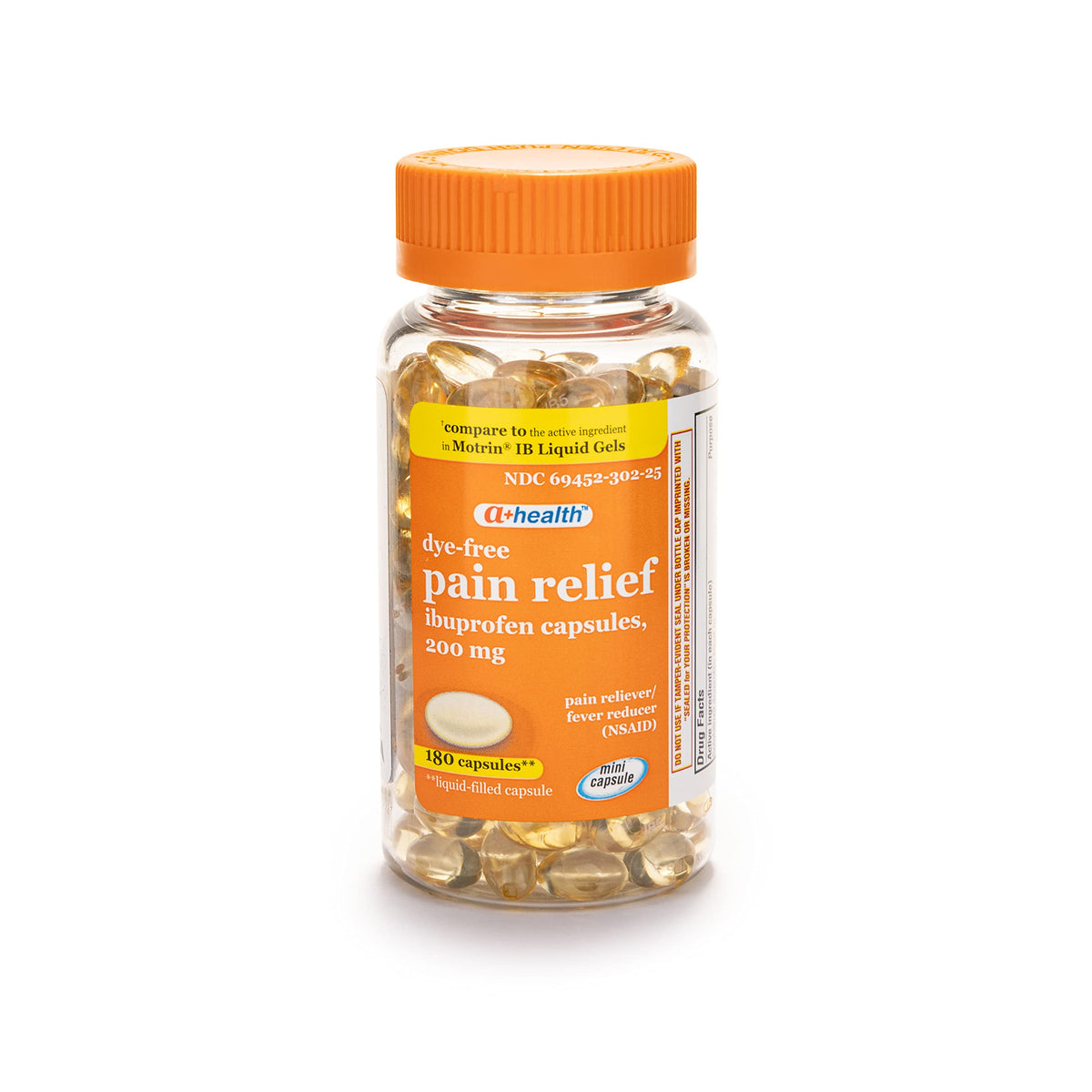 A+Health Dye-Free Ibuprofen 200mg mini softgels packaging label