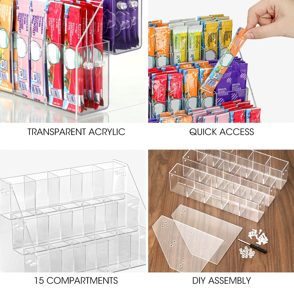 Versatile organizer for drink mixes sugar packets instant coffee and protein bars