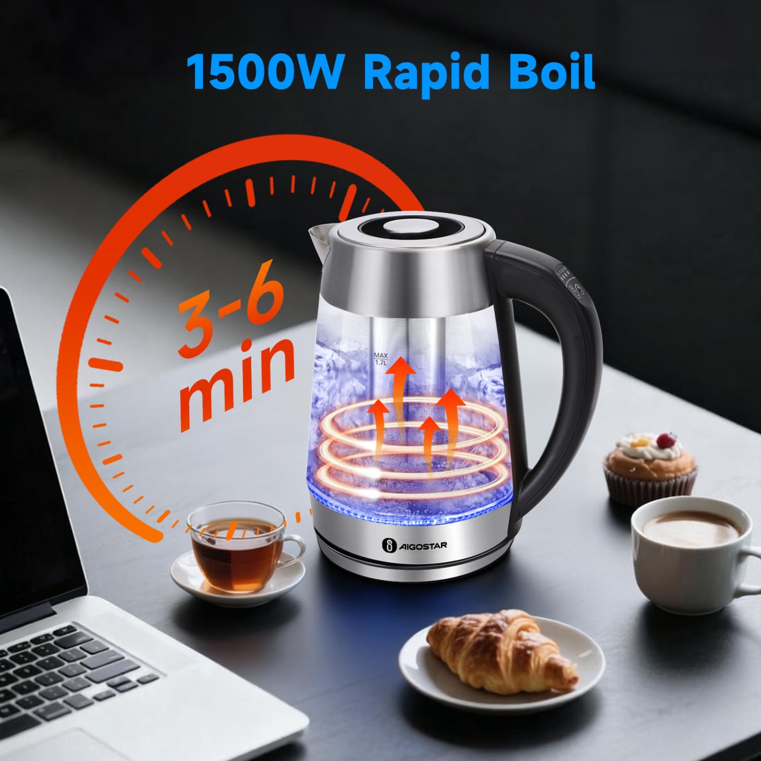 360° swivel base and wide mouth on Aigostar kettle