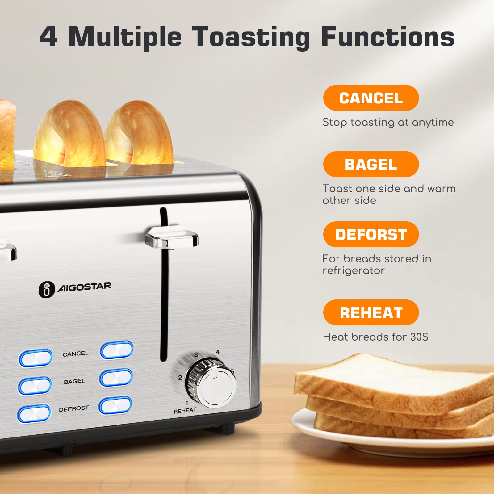 6 browning settings on Aigostar toaster 4 slice