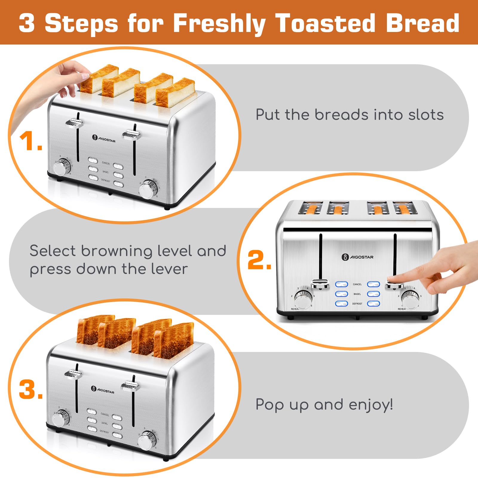 Removable crumb tray on both sides of Aigostar toaster