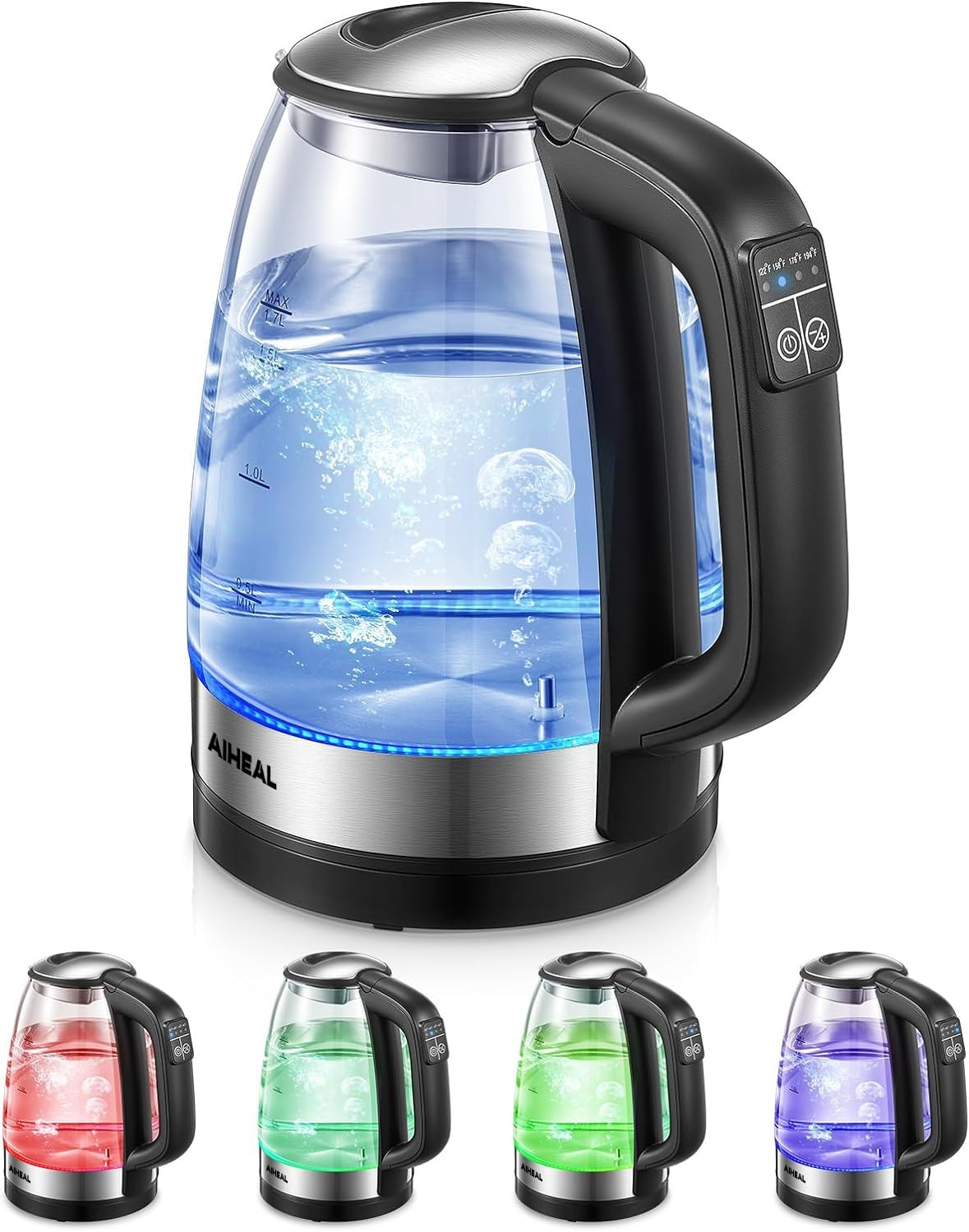 Aiheal electric kettle with glass body and 1.7 liter capacity