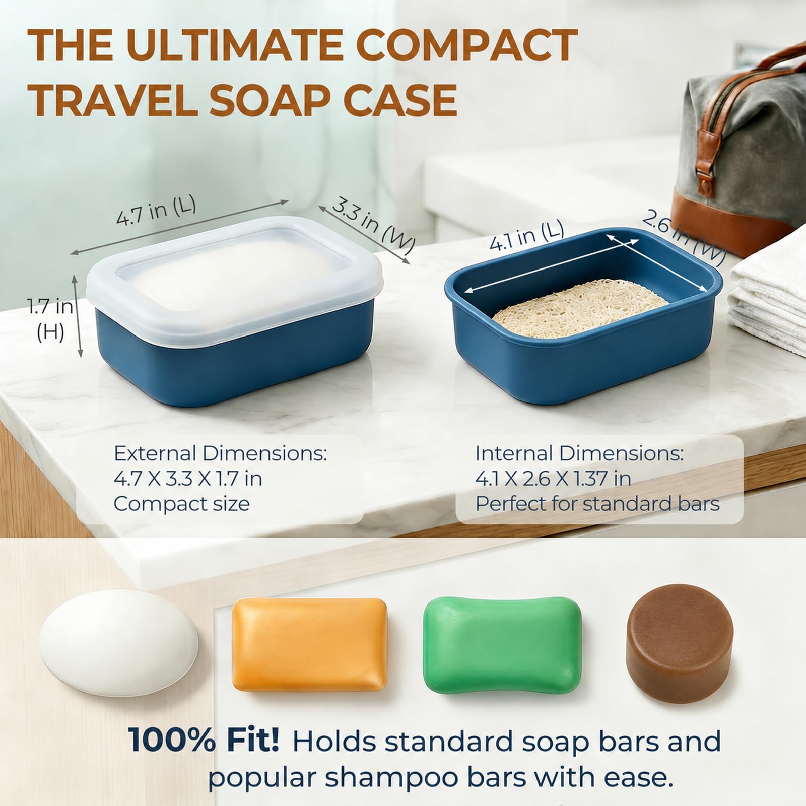 Silicone travel soap container with drainage layer blue lid