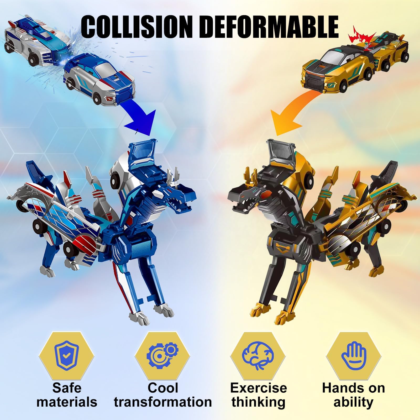 Two magnetic cars collide to form dino transformation toy