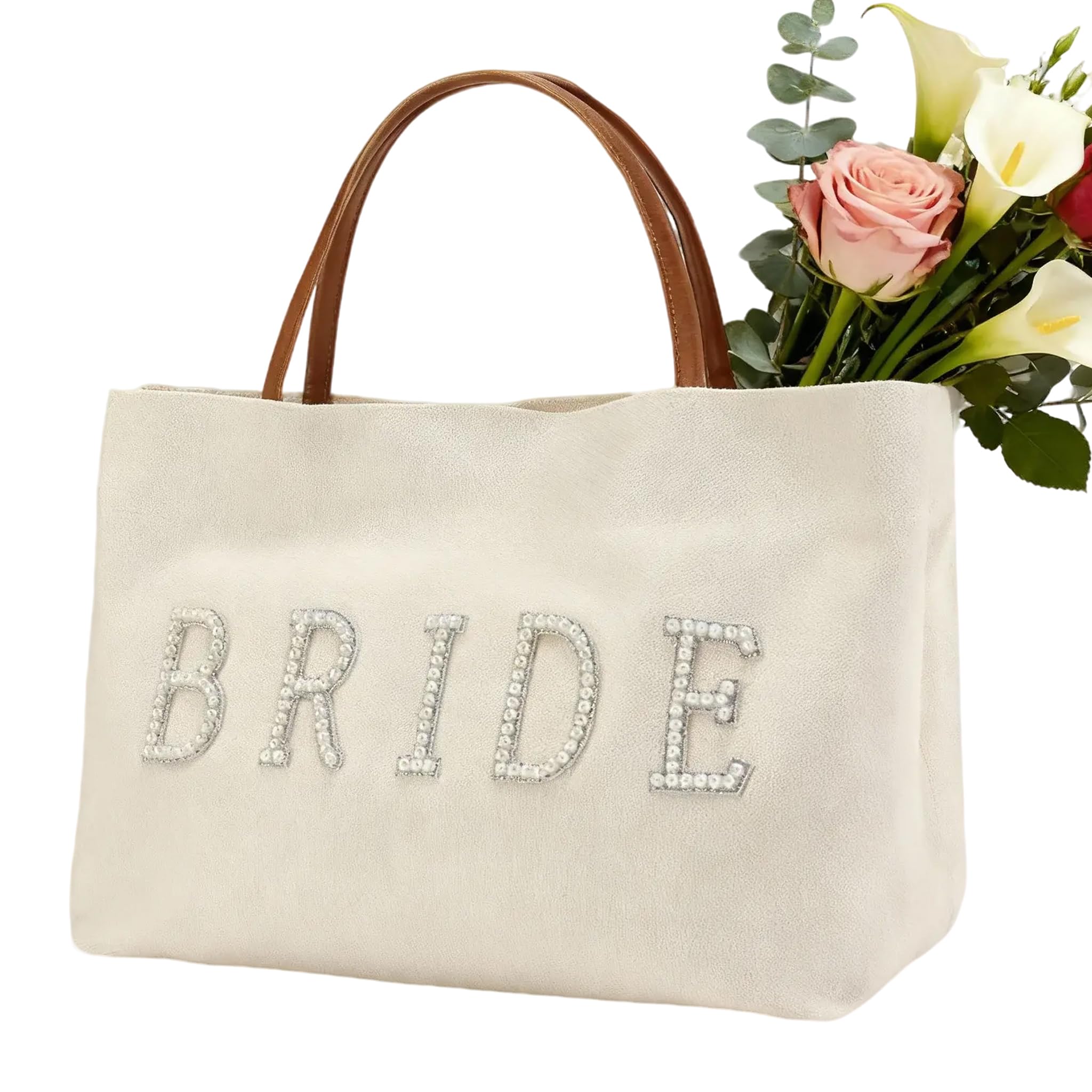 AINMEGE Bride Tote Bag large canvas with pearl lettering