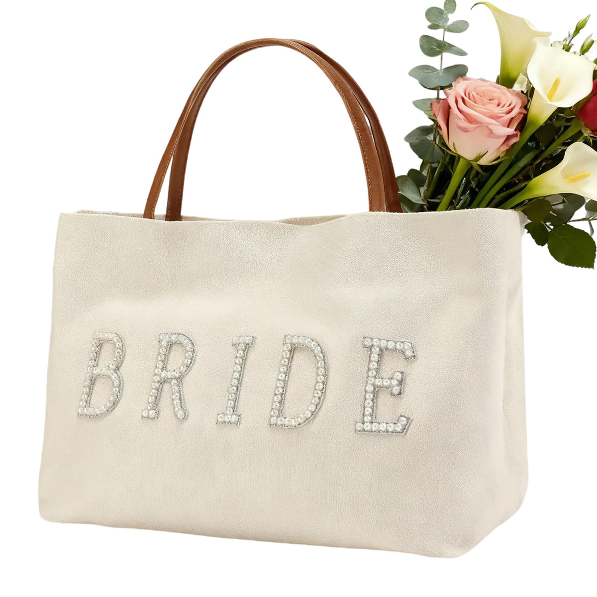 AINMEGE Bride Tote Bag large canvas with pearl lettering