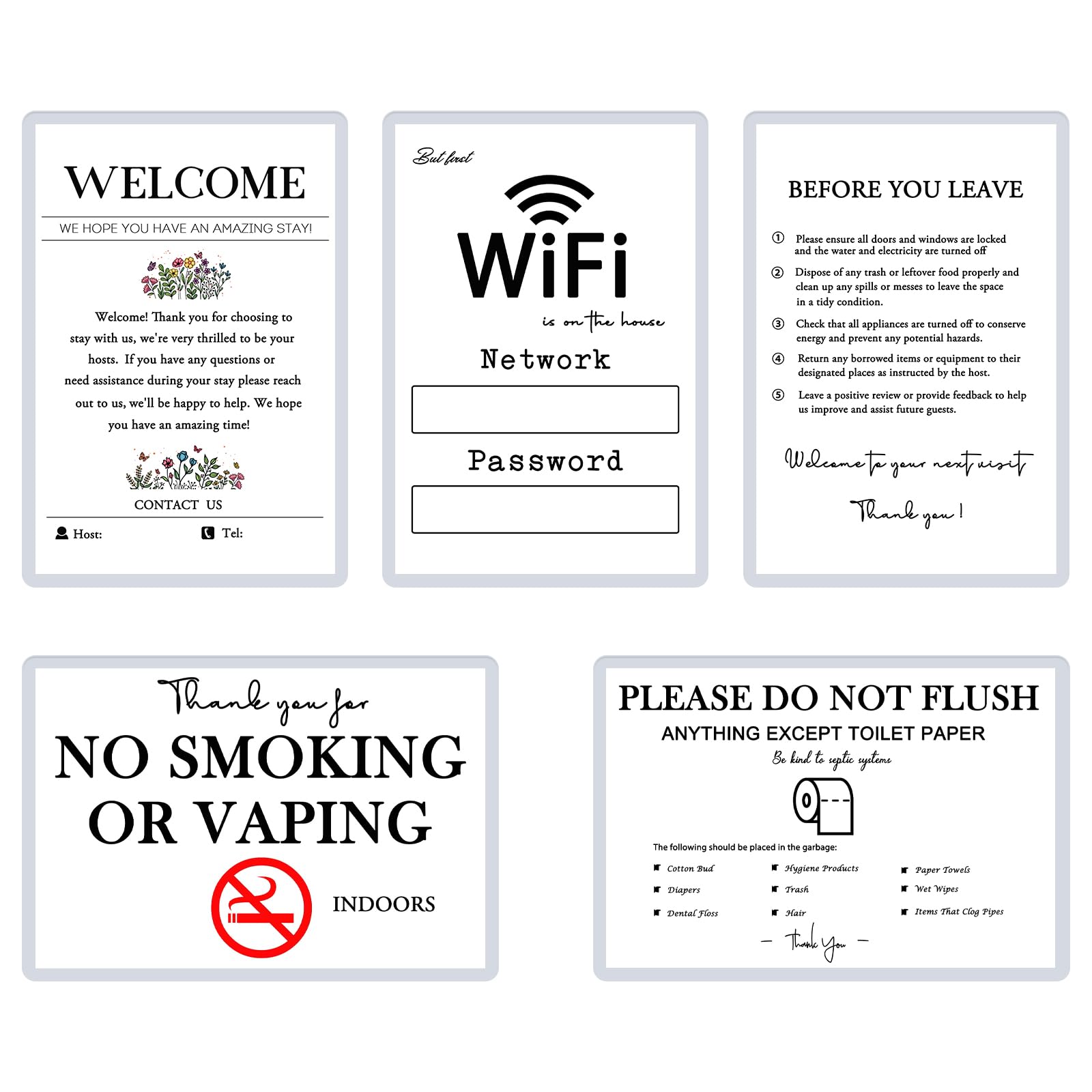 Air Bnb Signs for Hosts five piece laminated sign kit welcome sign