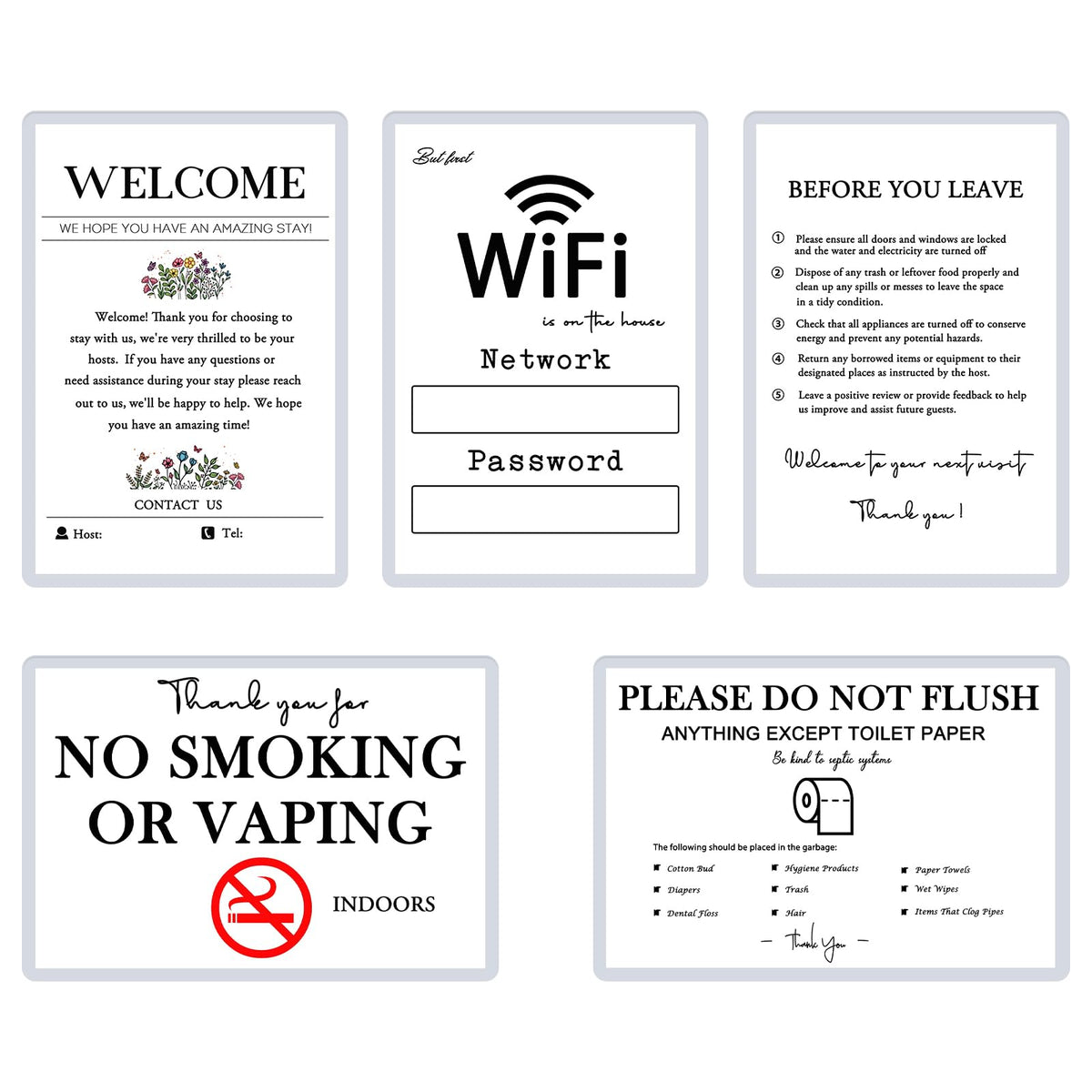 Air Bnb Signs for Hosts five piece laminated sign kit welcome sign