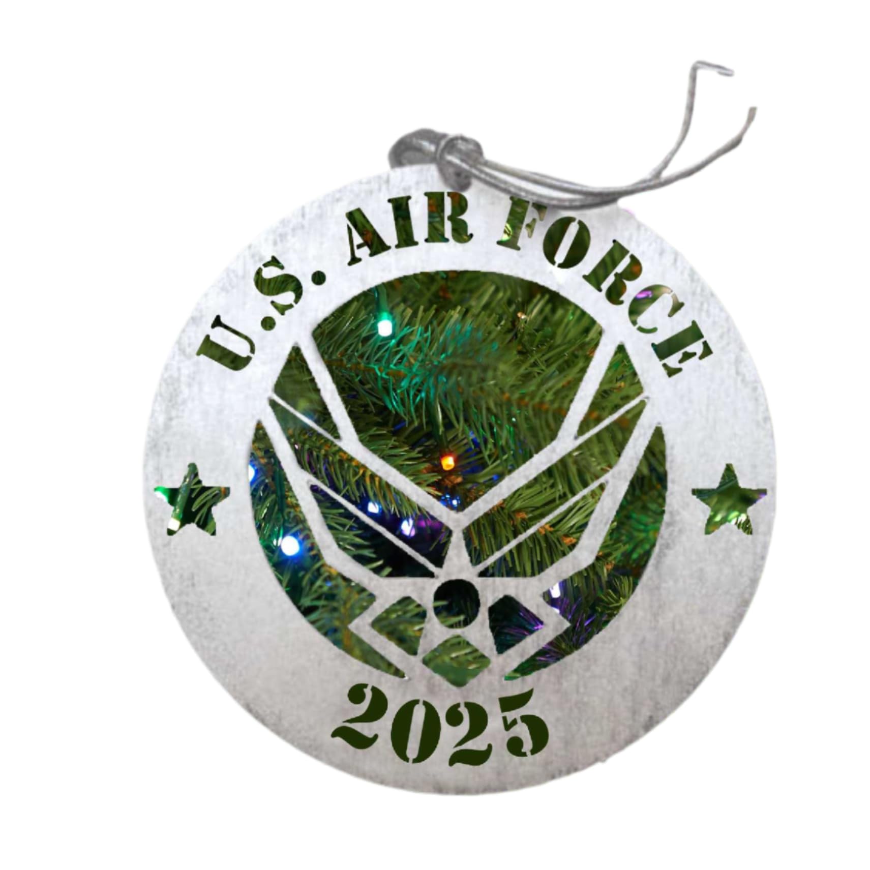 Air Force Logo Christmas Ornament in natural birch wood with metallic silver finish 3.75 in square