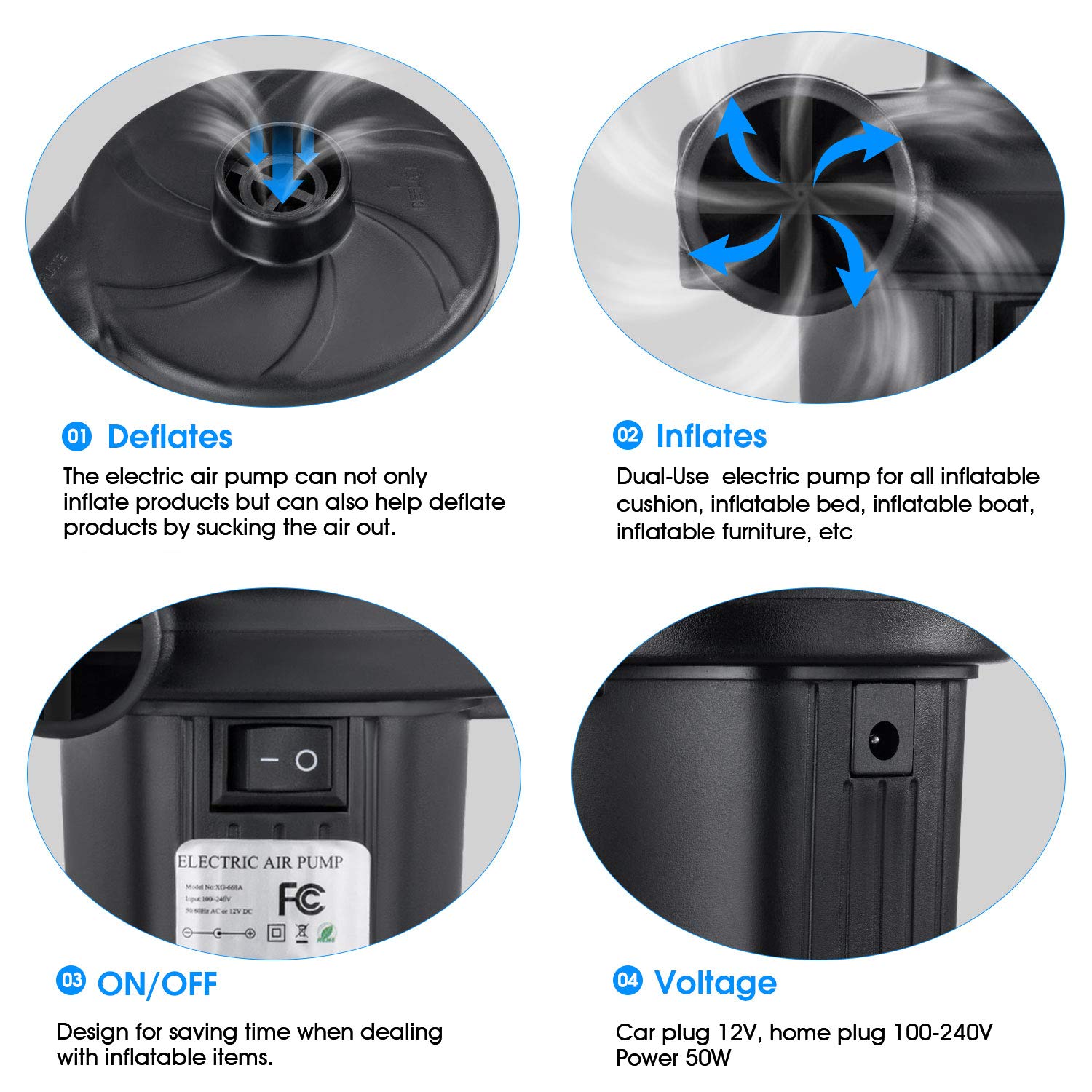 Compact portable air pump inflating air mattress and pool floats