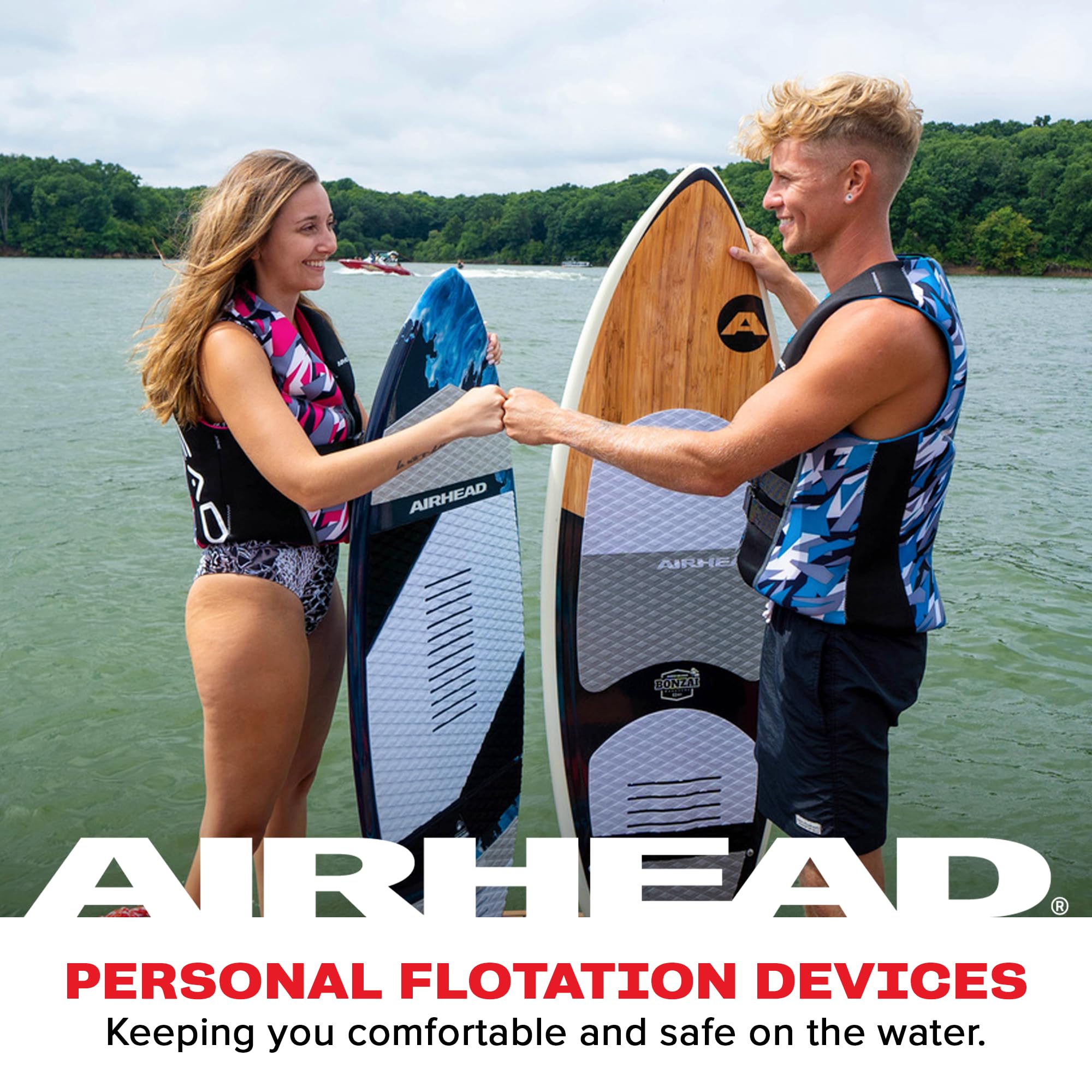 Airhead life jacket with front zip closure blue camo design